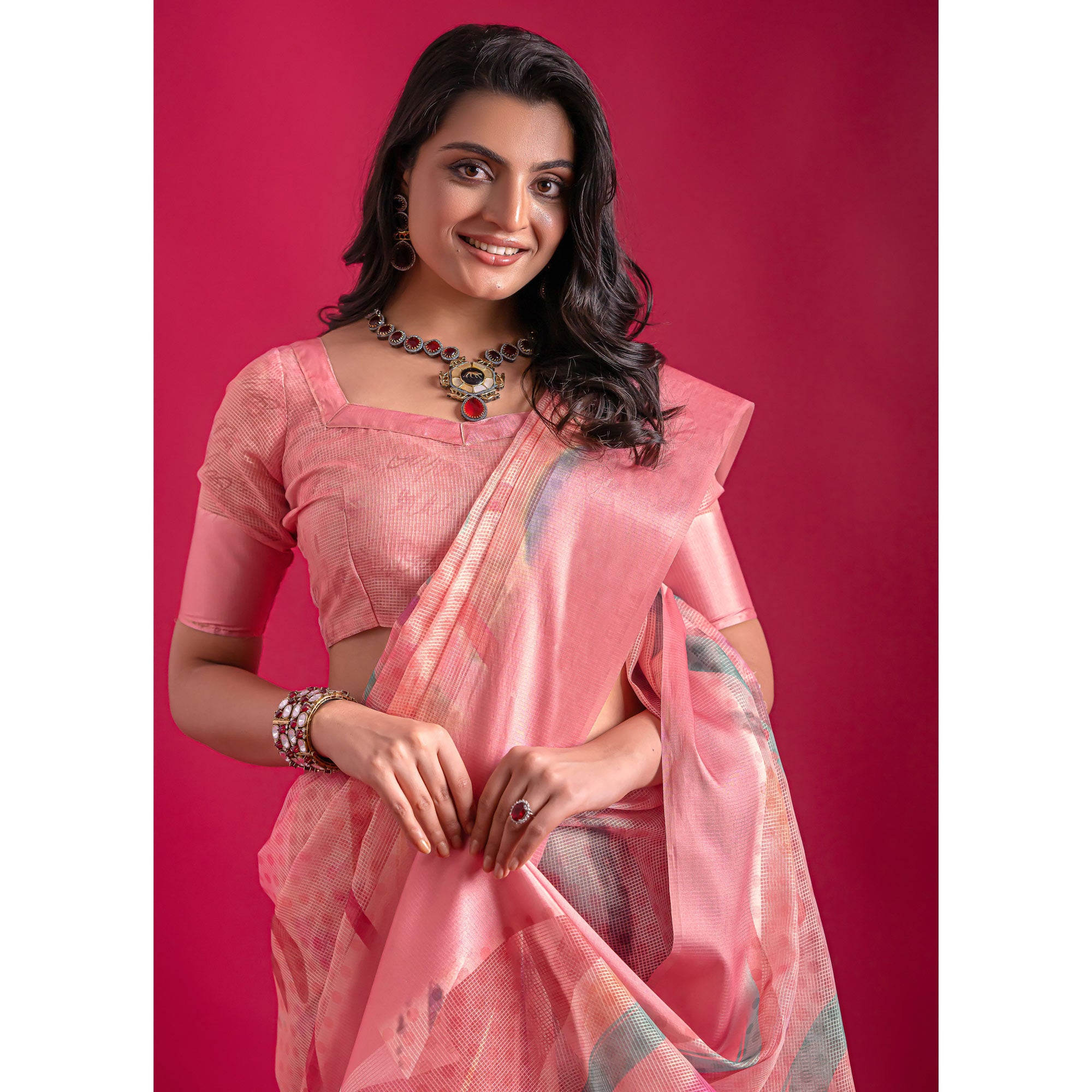 Pink Floral Digital Printed Linen Saree With Woven Border