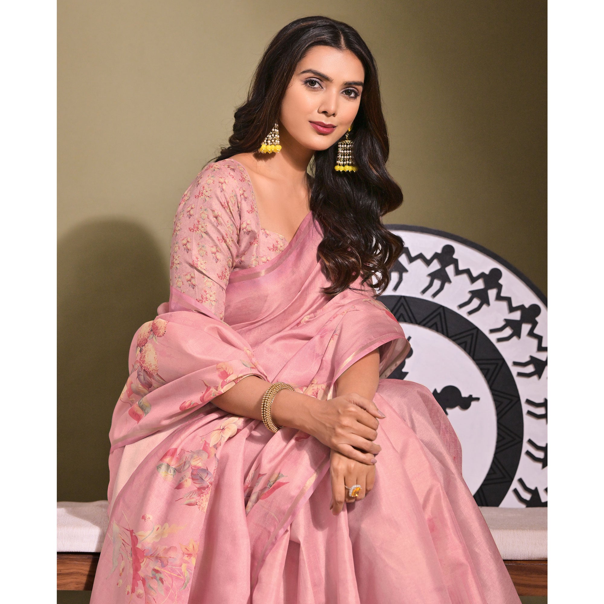 Pink Floral Digital Printed Tussar Silk Saree