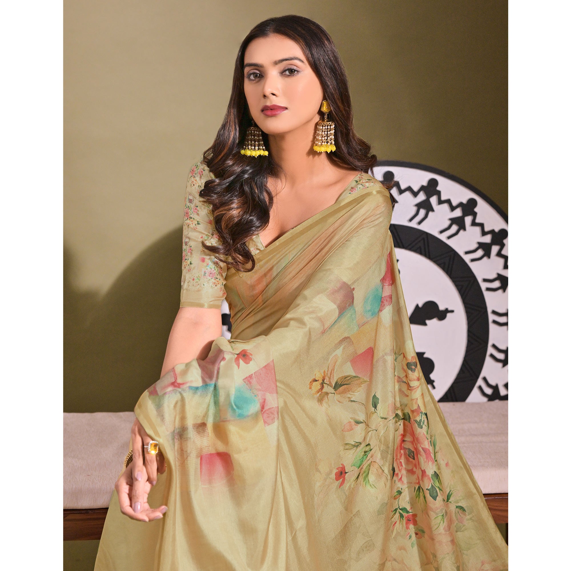 Beige Floral Digital Printed Tussar Silk Saree