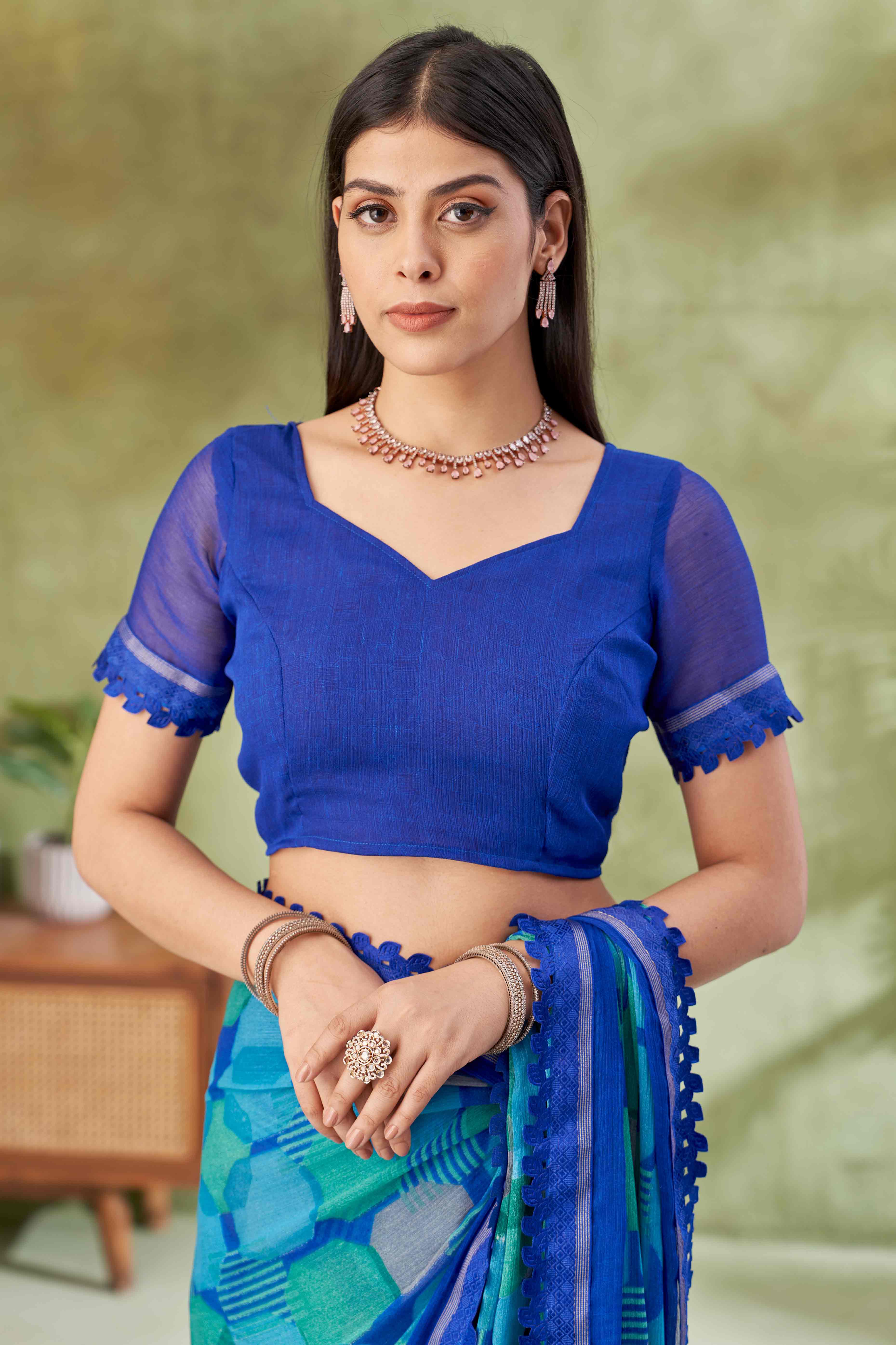 Royal Blue Digital Printed Chiffon Saree Accented With Elegant Lace Border