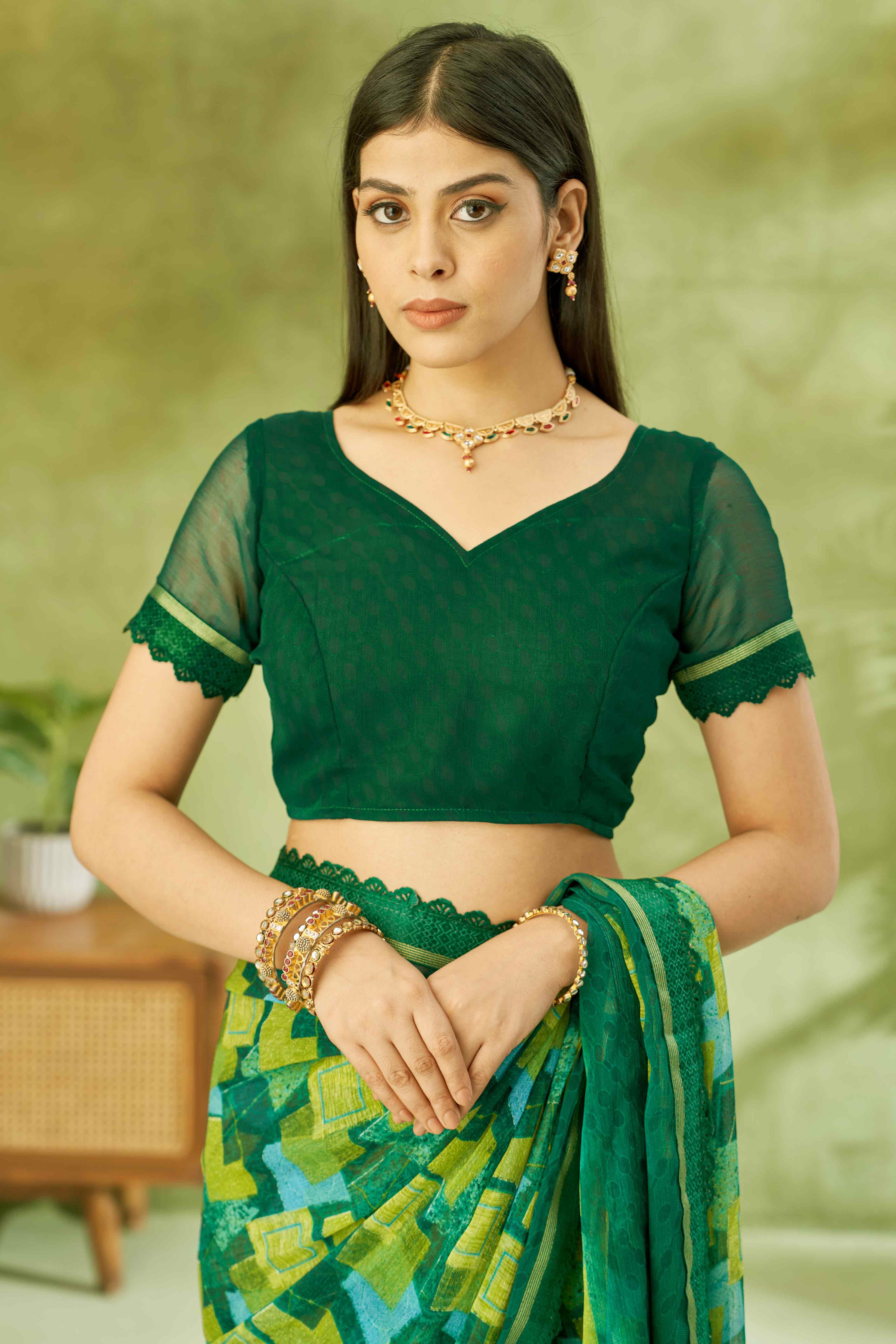 Green Digital Printed Chiffon Saree Accented With Elegant Lace Border