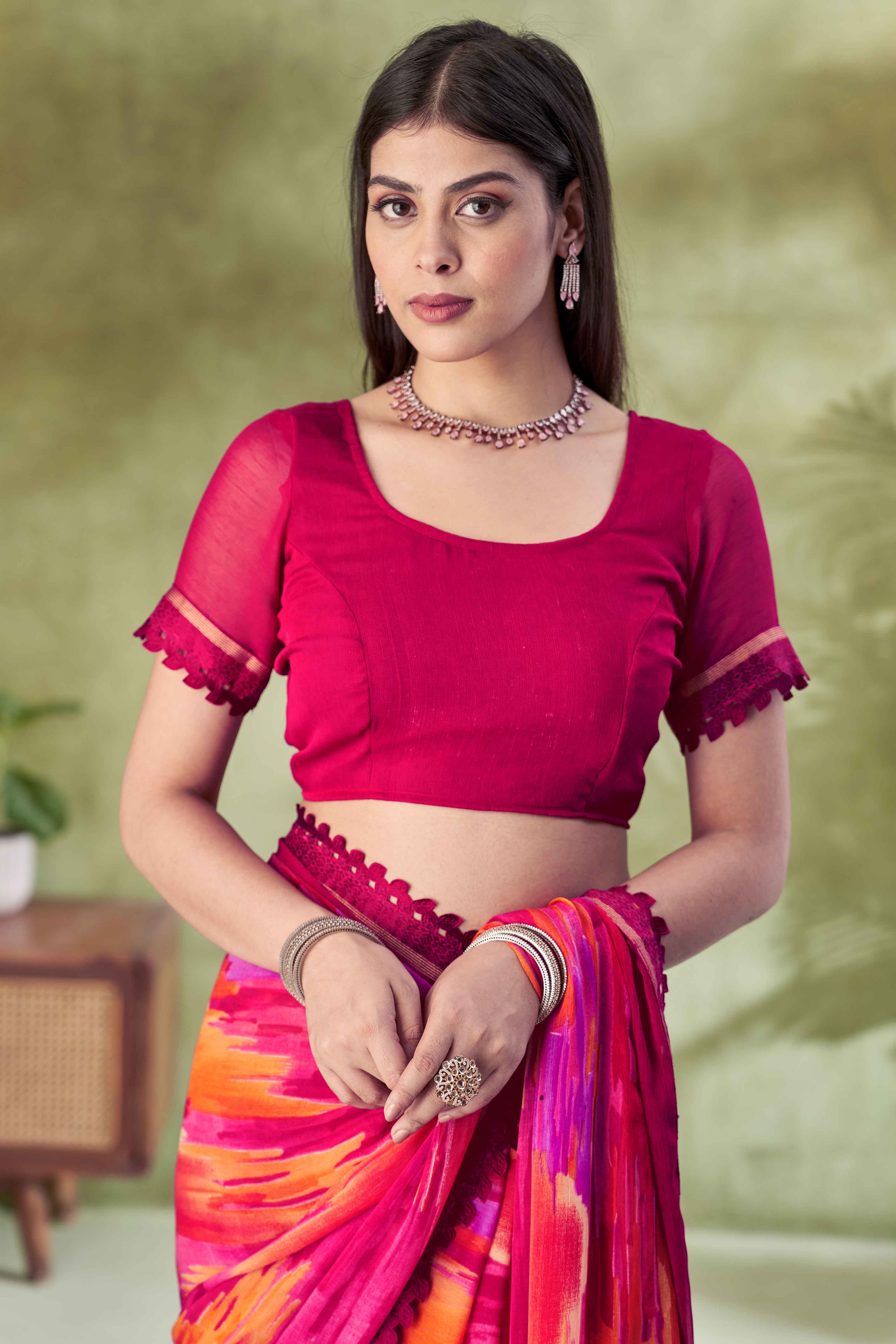 Magenta Digital Printed Chiffon Saree Accented With Elegant Lace Border