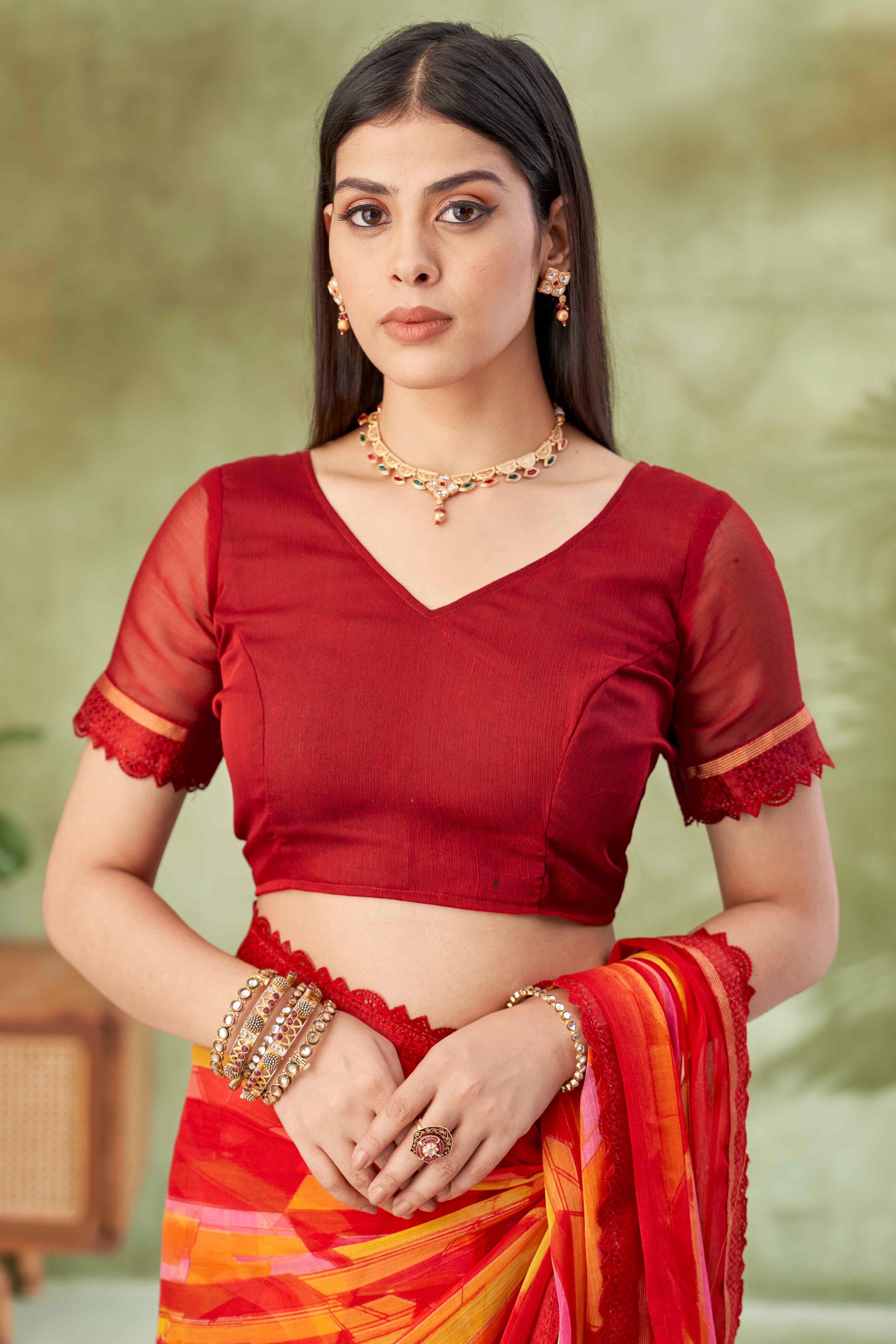 Maroon Digital Printed Chiffon Saree Accented With Elegant Lace Border