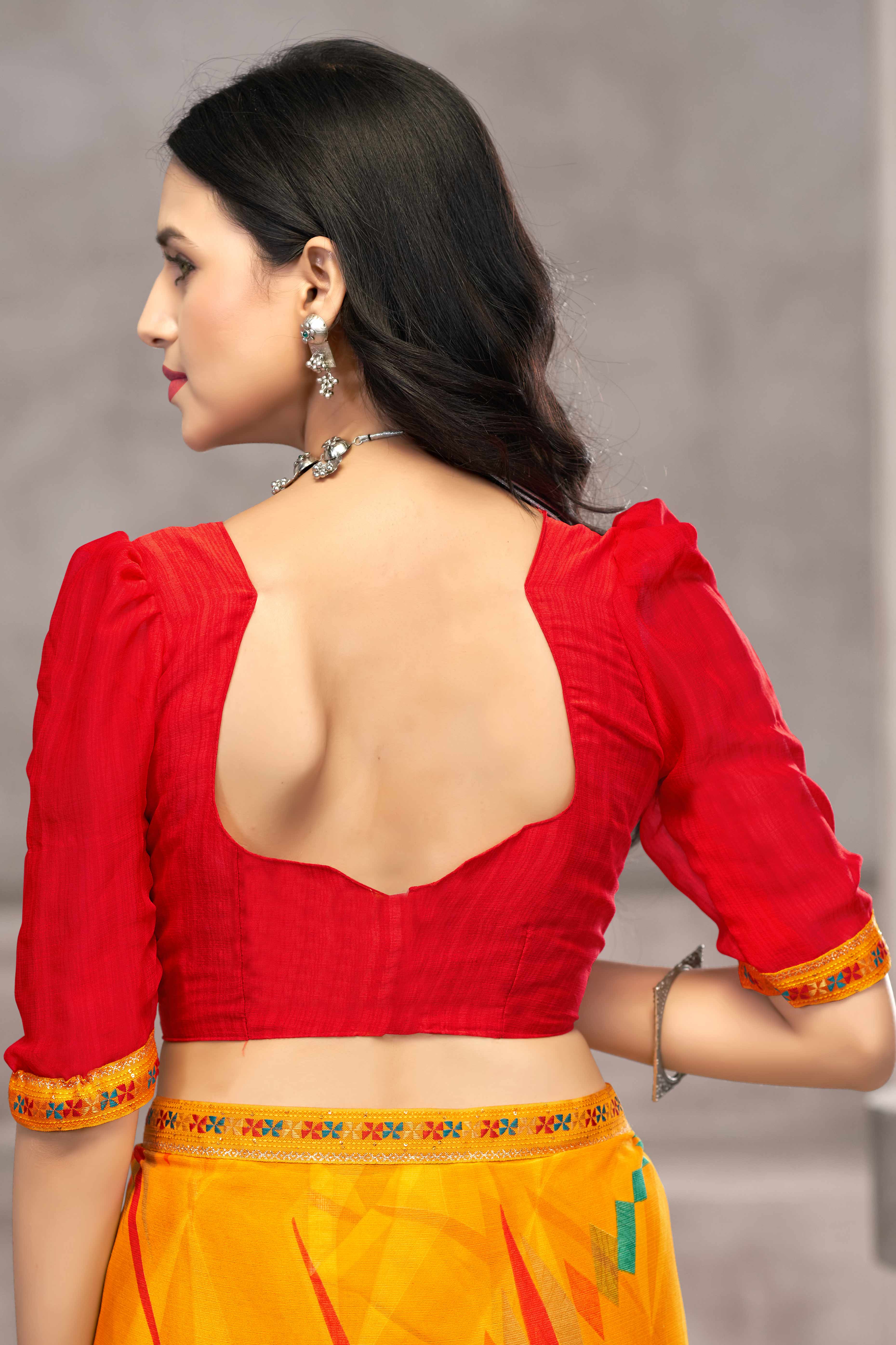 Majestic Mustard Chiffon Saree Featuring Digital Print & Graceful Lace Border