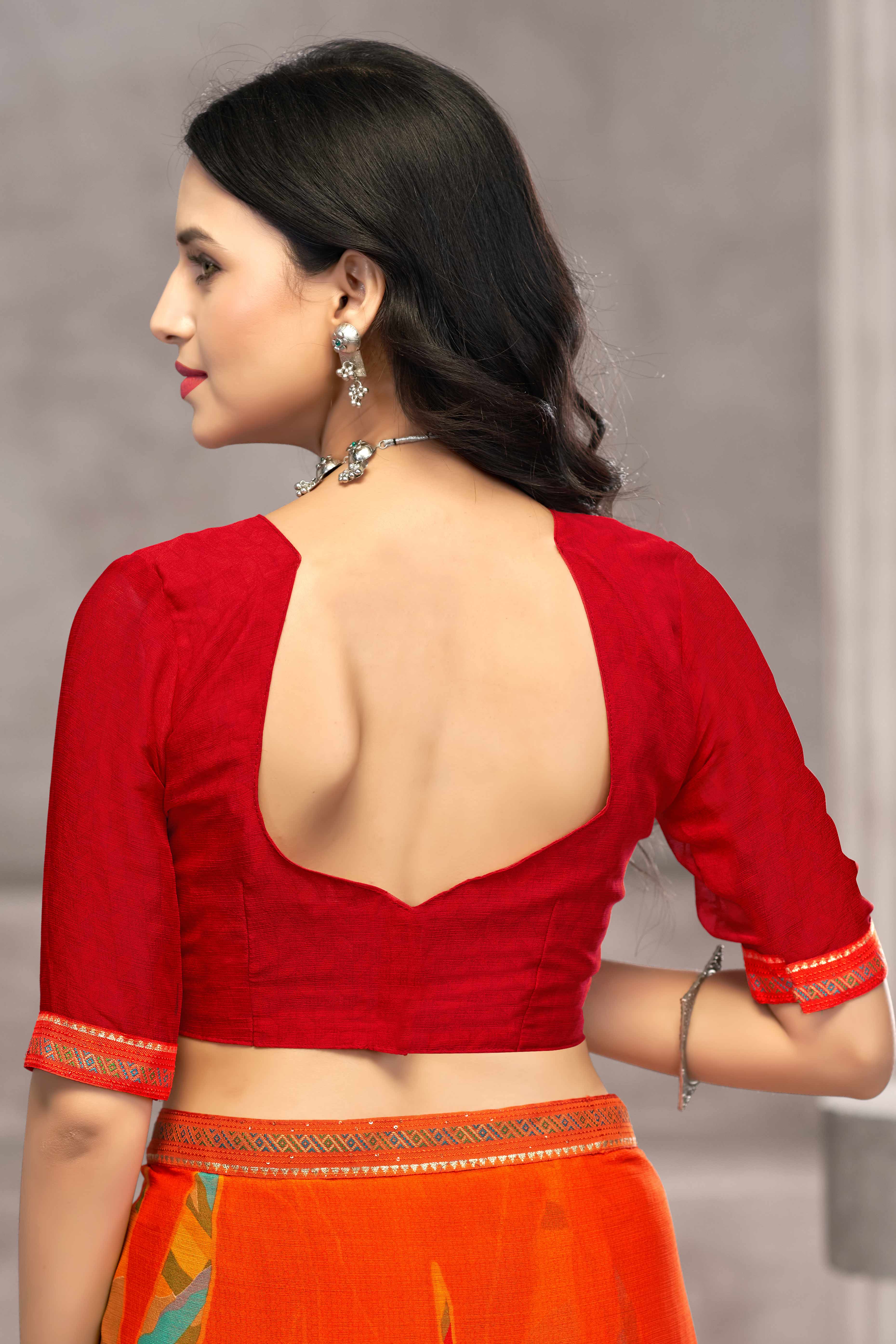 Refreshing Orange Chiffon Saree Featuring Digital Print & Graceful Lace Border