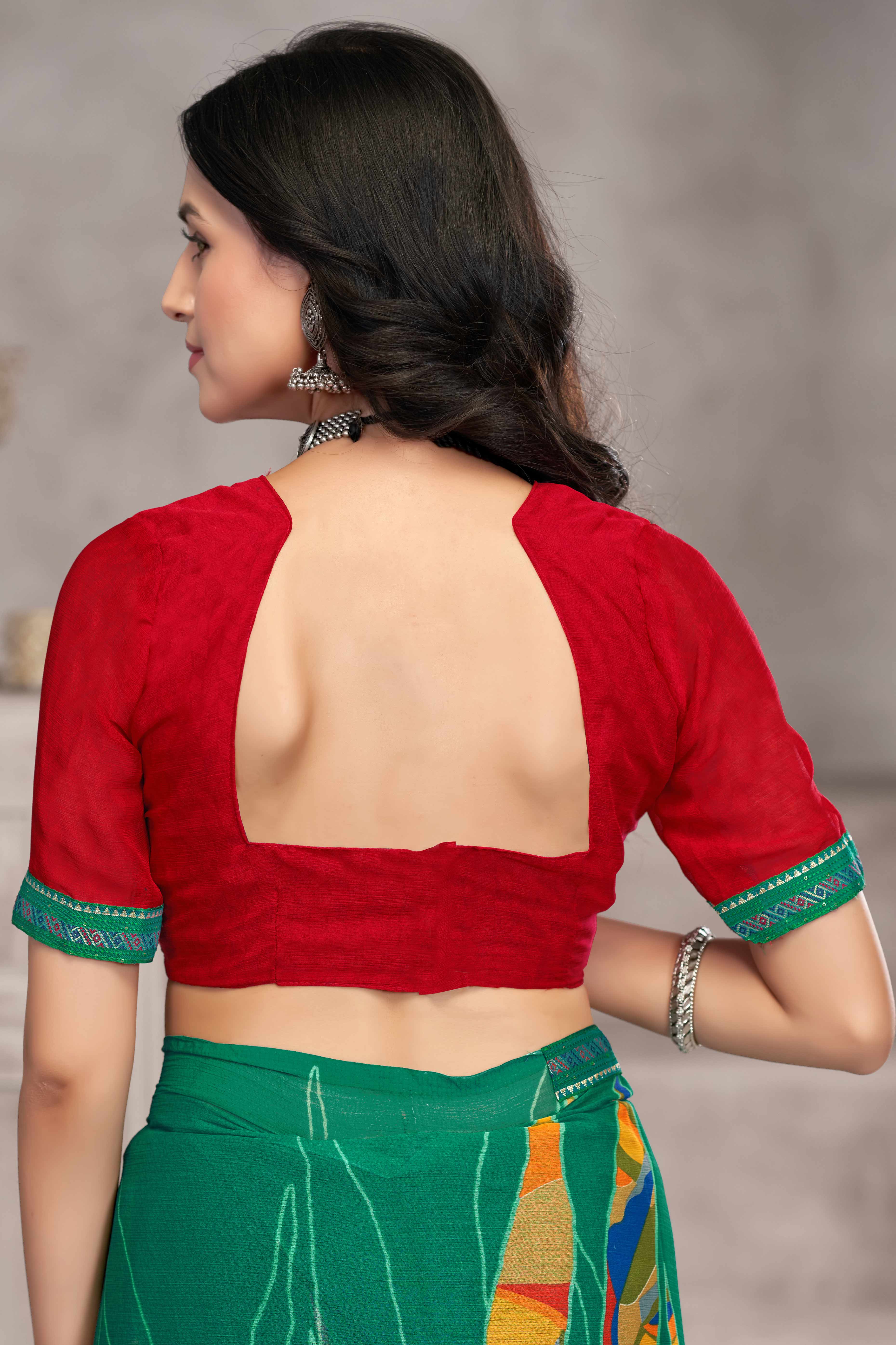 Elegant Green Chiffon Saree Featuring Digital Print & Graceful Lace Border