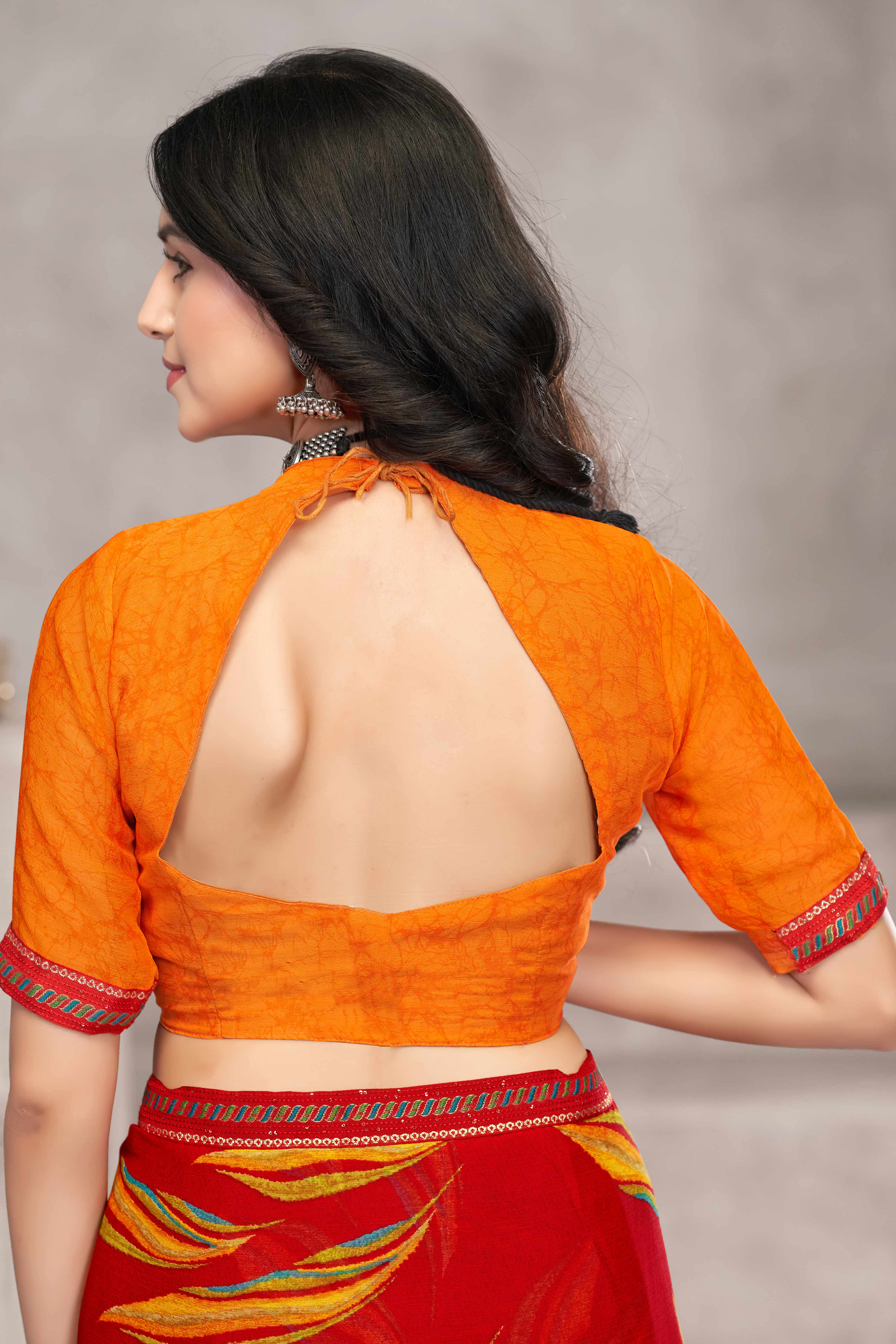 Majestic Red Chiffon Saree Featuring Digital Print & Graceful Lace Border