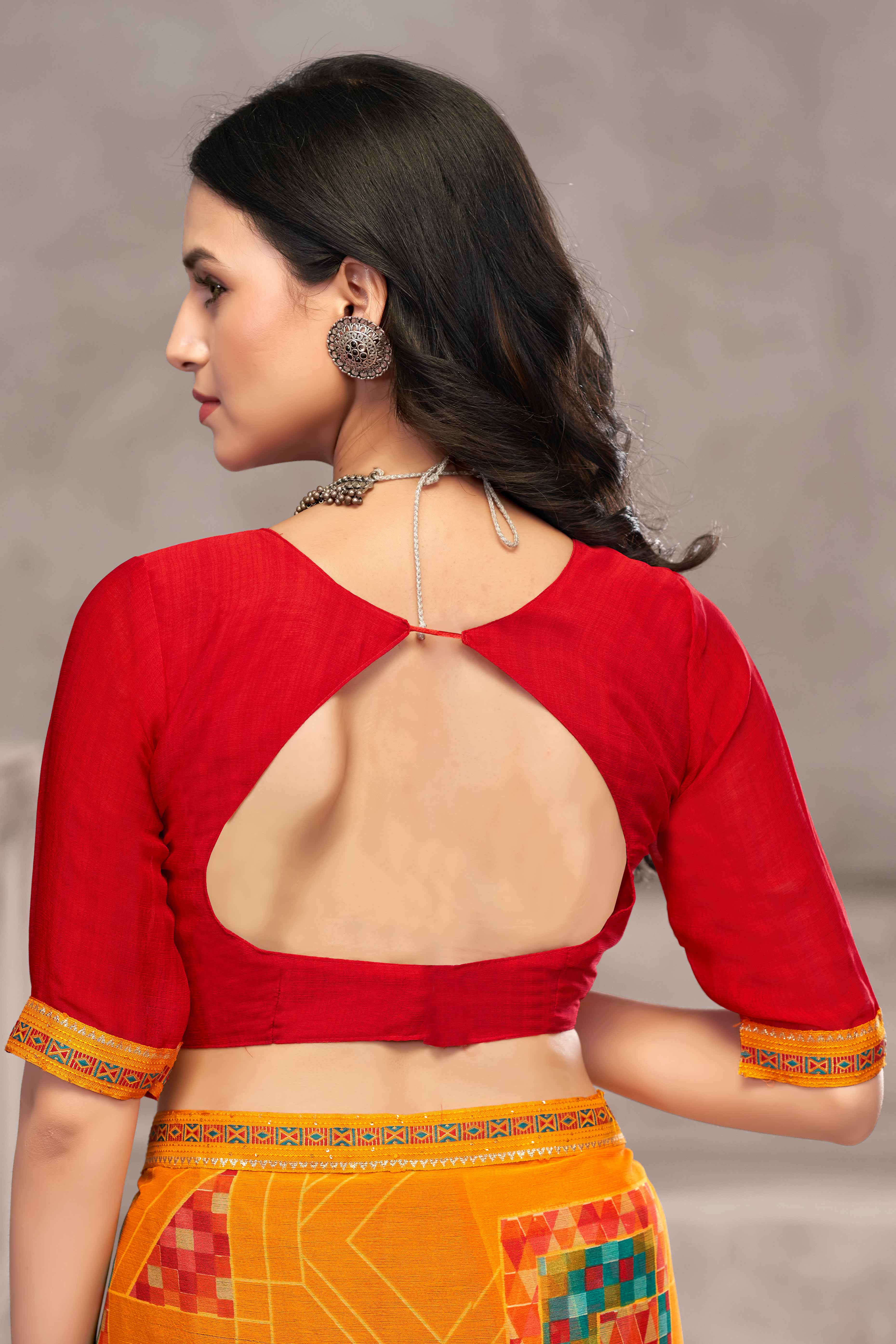 Sophisticated Mustard Chiffon Saree Featuring Digital Print & Graceful Lace Border