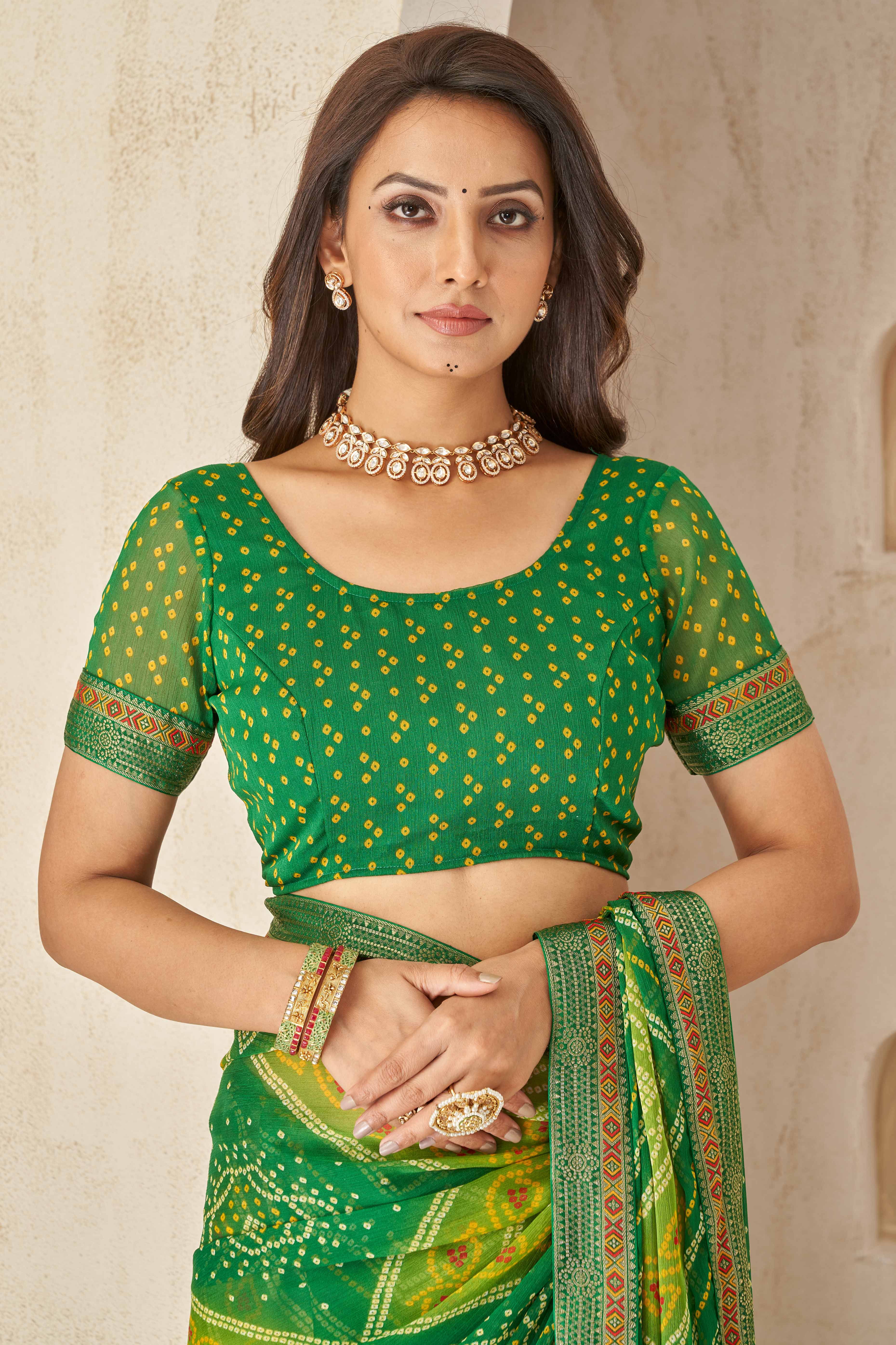 Olive Green Bandhani Printed Chiffon Saree Enhanced with Delicate Lace Border Work