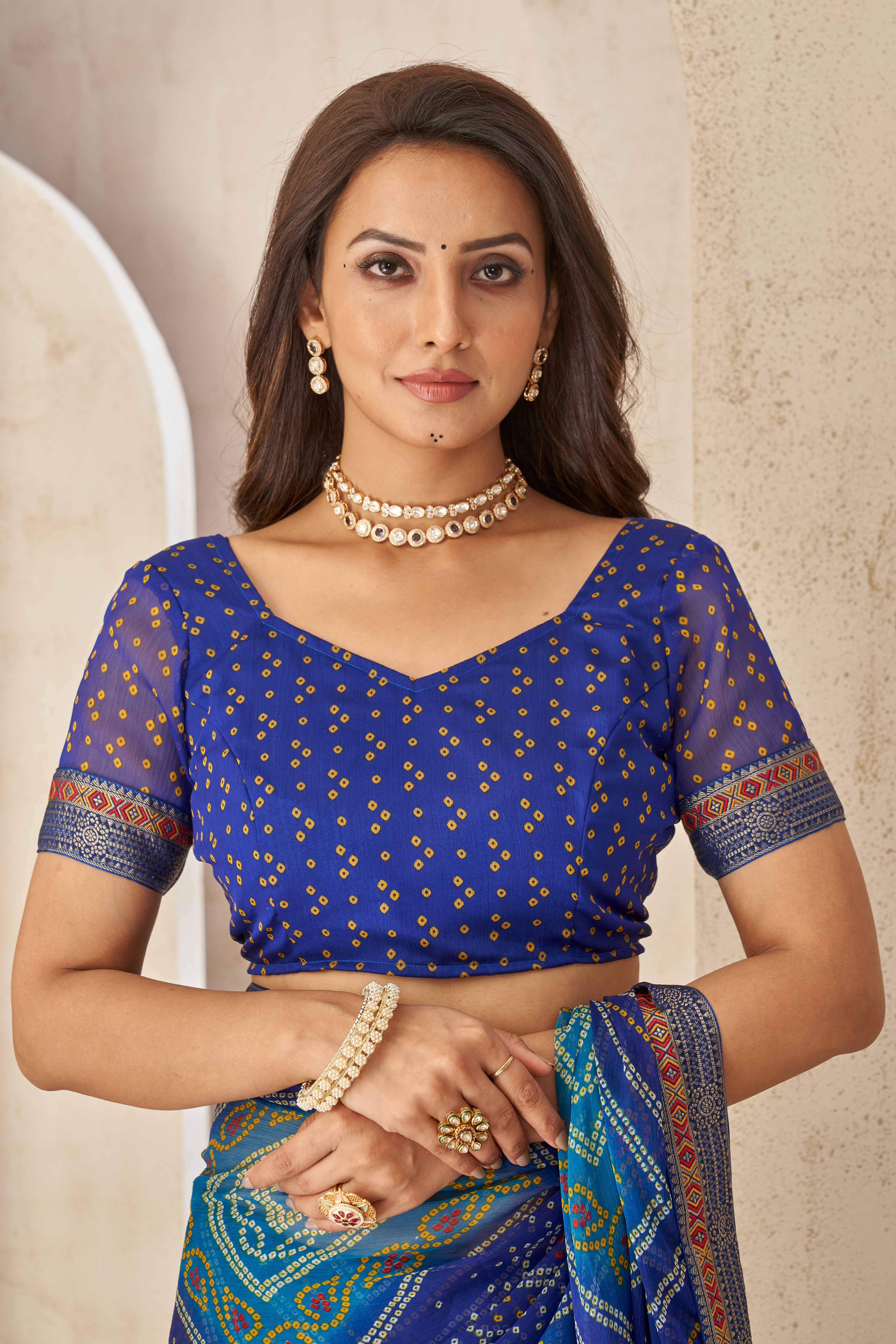 Blue Bandhani Printed Chiffon Saree Enhanced with Delicate Lace Border Work