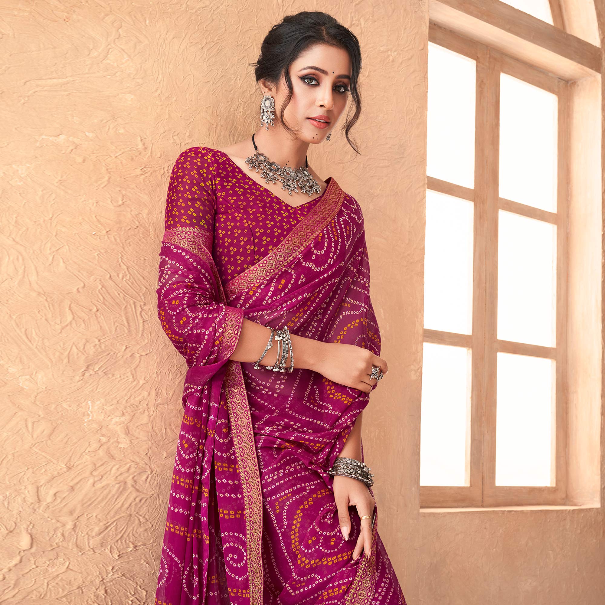 Purple Bandhani Printed Chiffon Saree