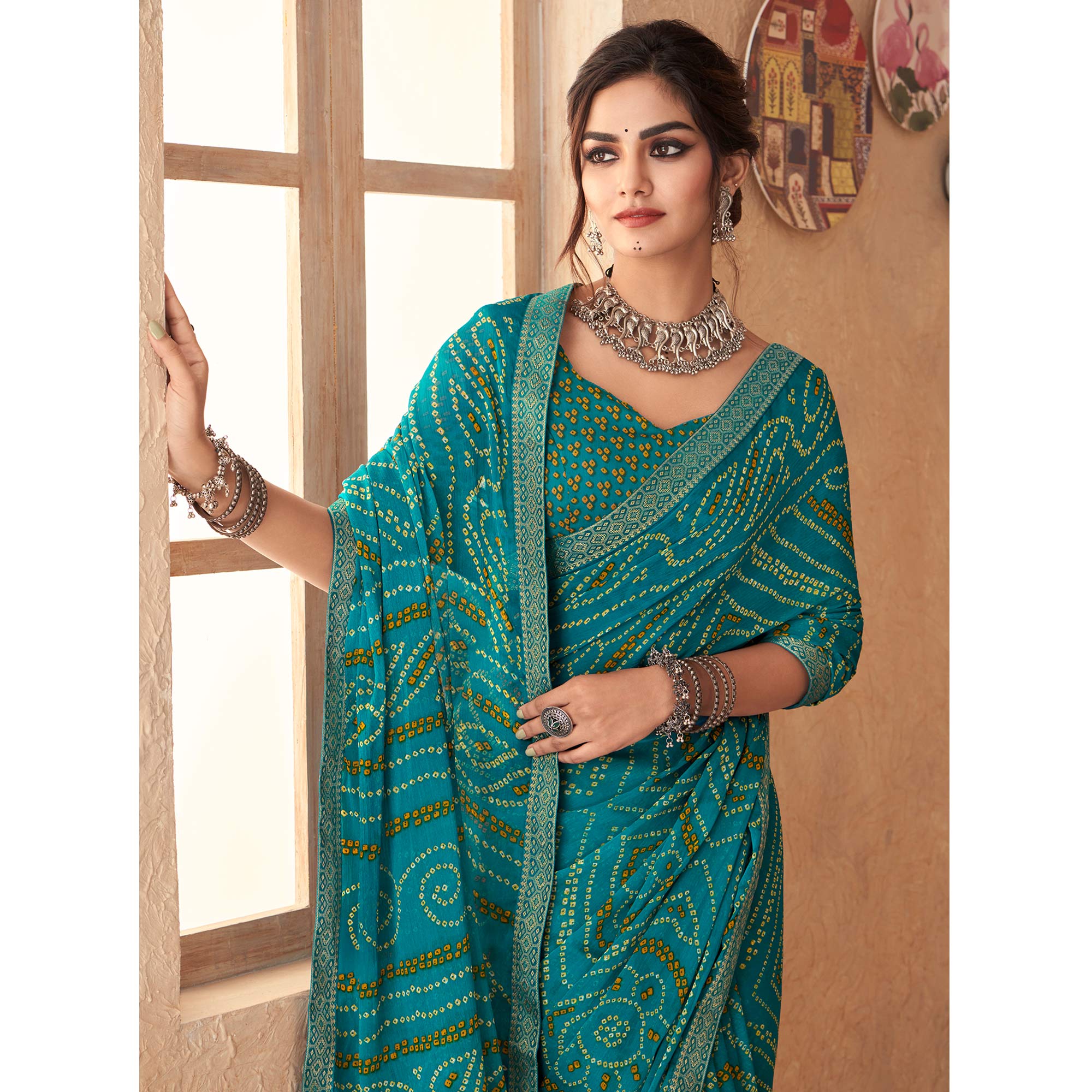 Blue Bandhani Printed Chiffon Saree