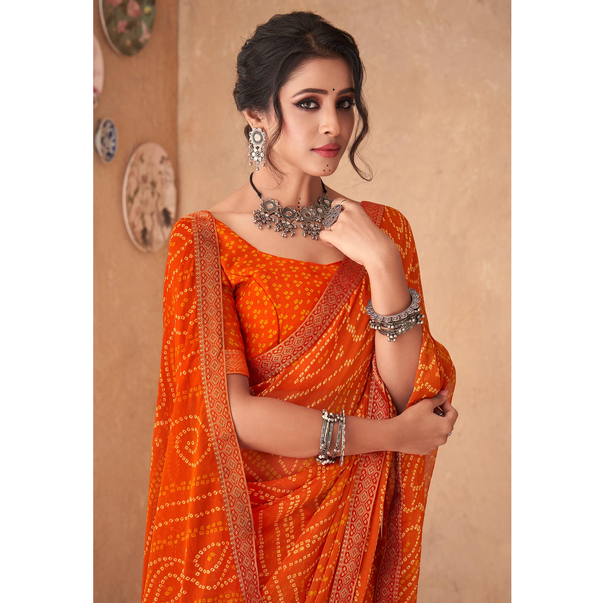 Orange Bandhani Printed Chiffon Saree
