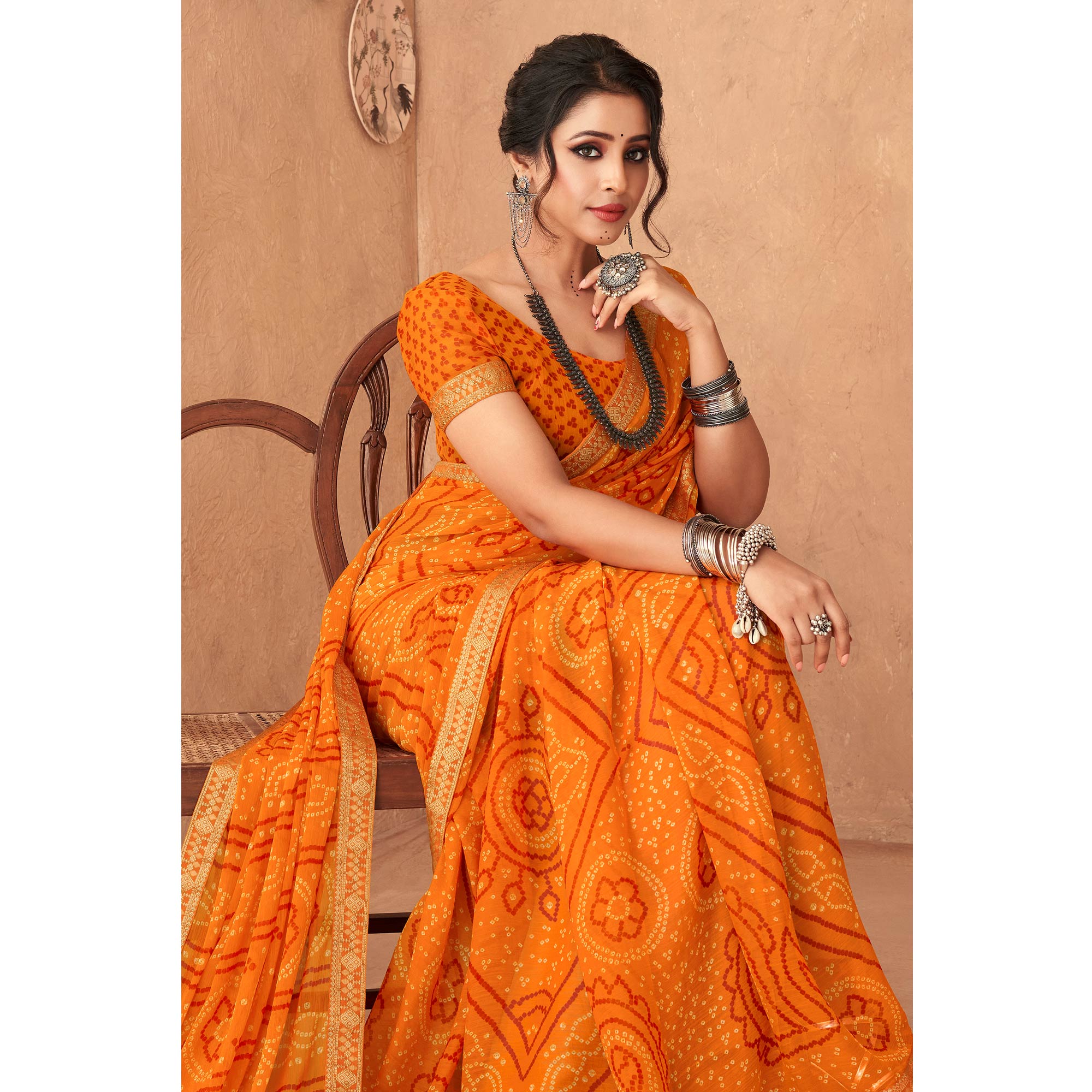 Mustard Bandhani Printed Chiffon Saree