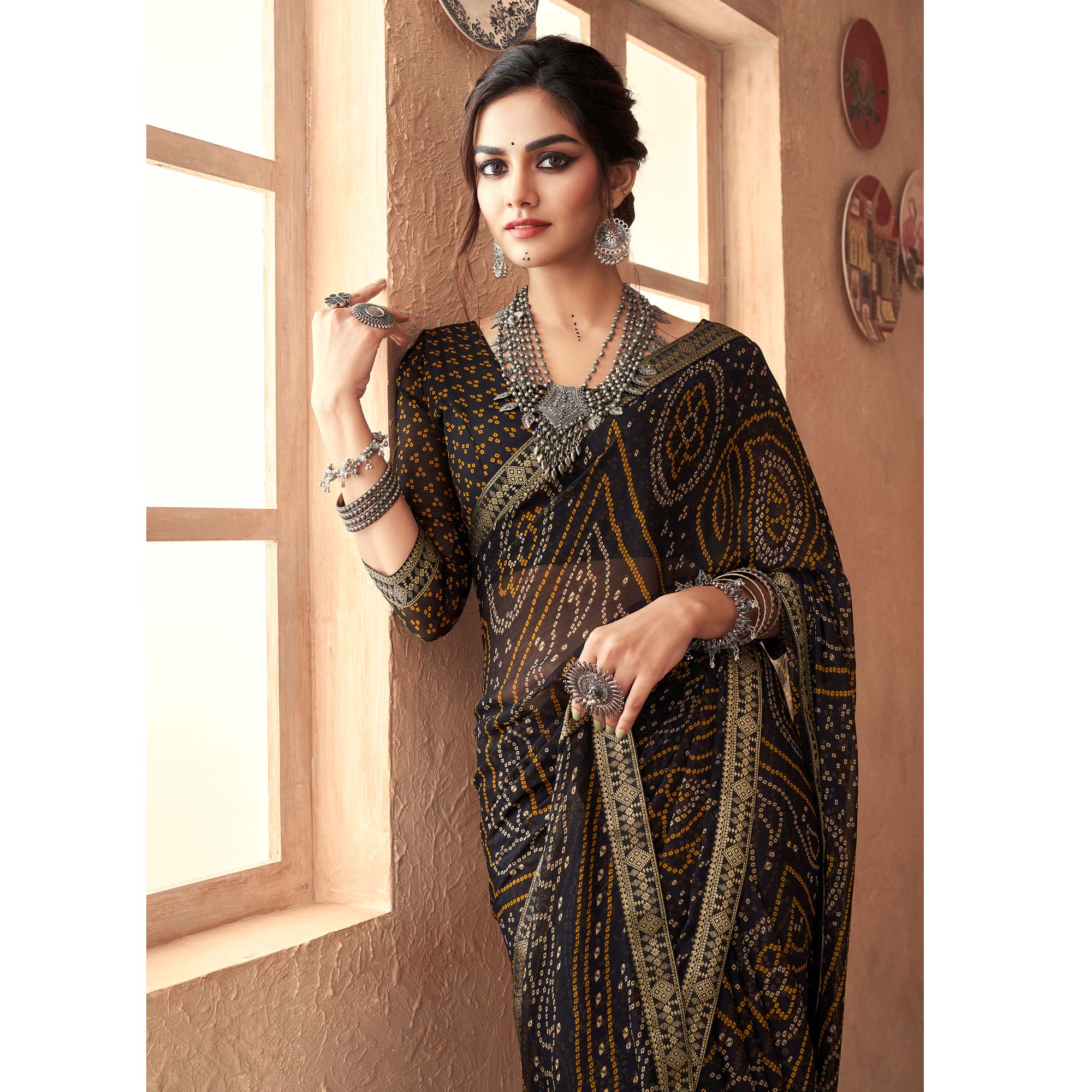 Black Bandhani Printed Chiffon Saree