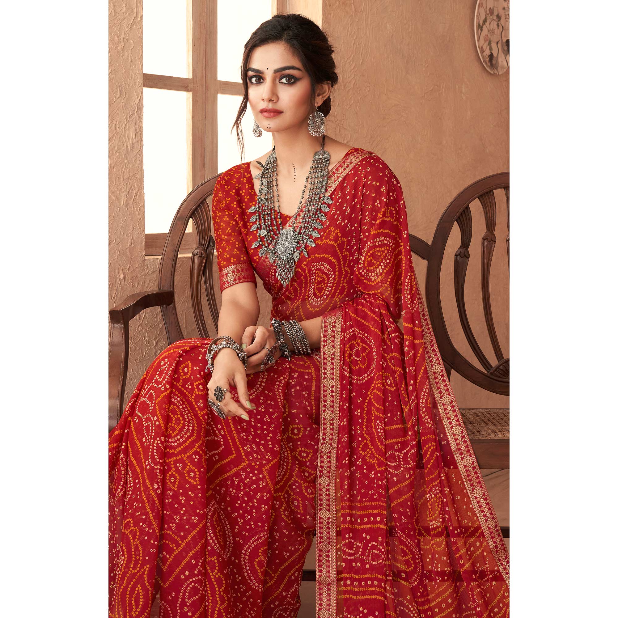 Red Bandhani Printed Chiffon Saree