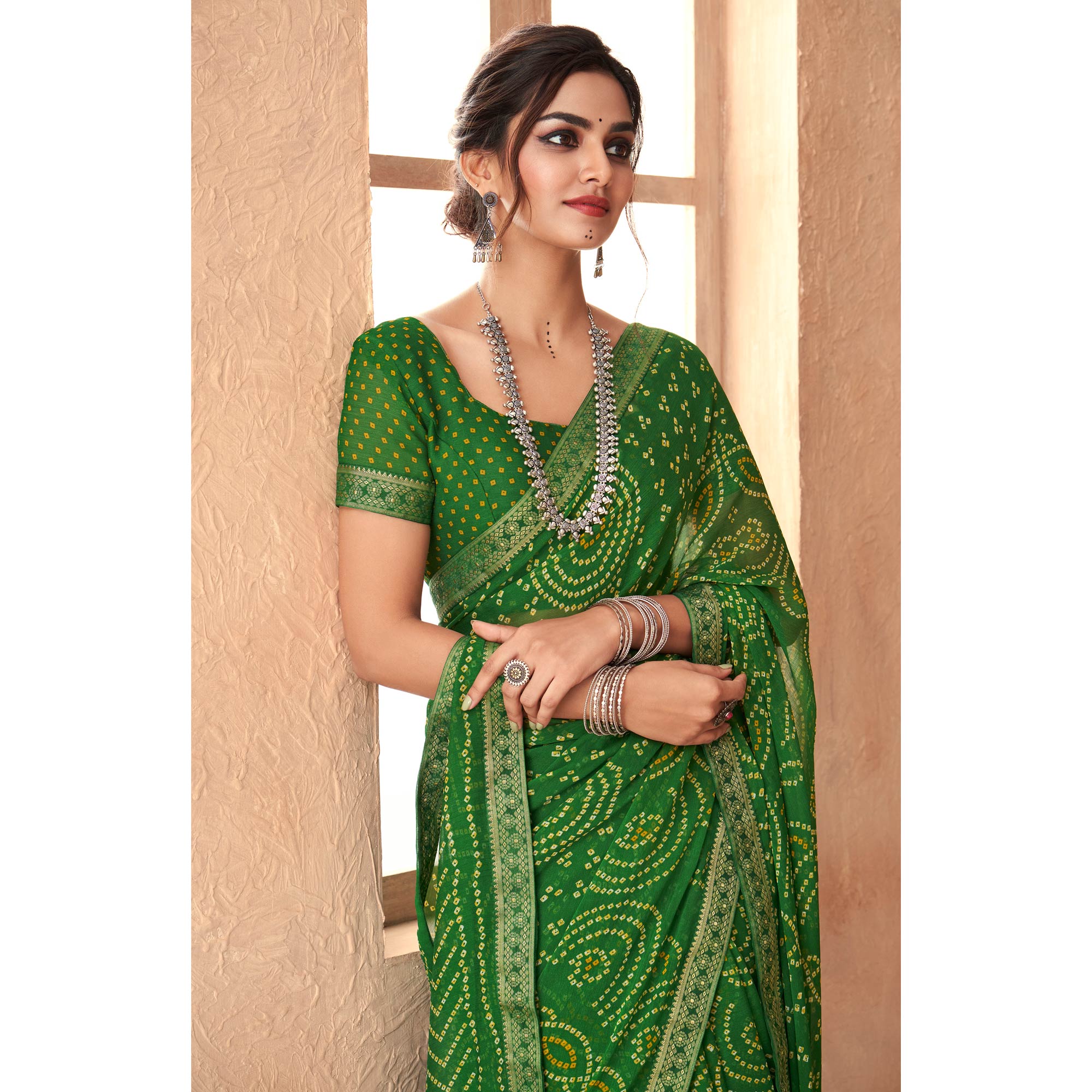 Green Bandhani Printed Chiffon Saree