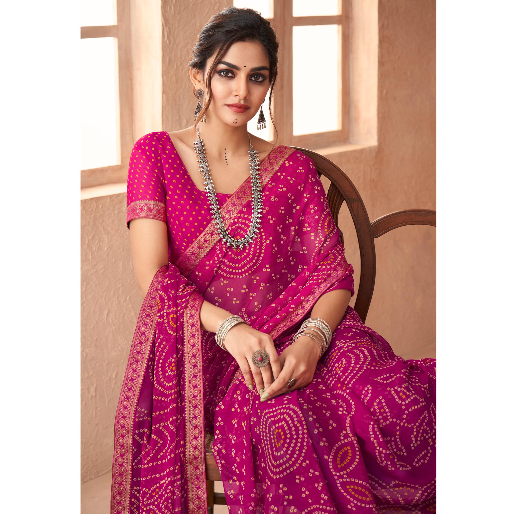 Magenta Purple Bandhani Printed Chiffon Saree