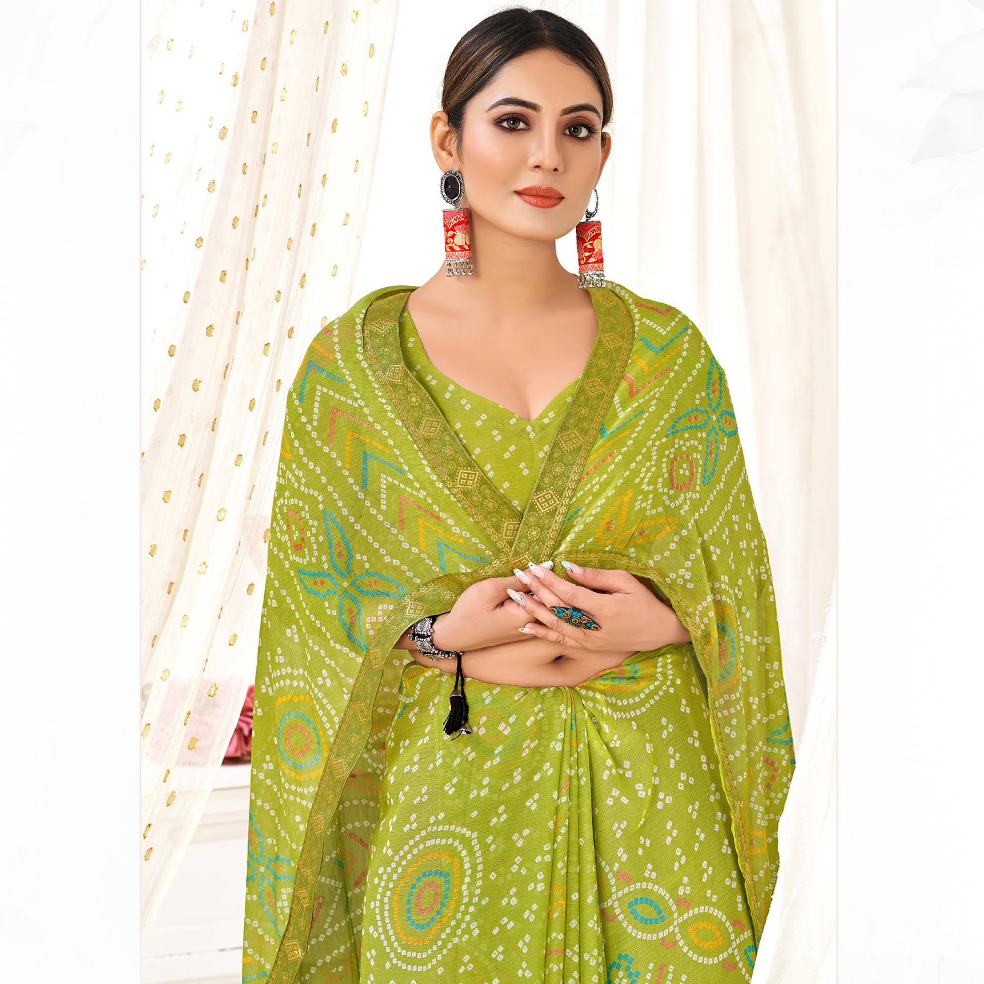 Olive Green Bandhani Printed Chiffon Saree