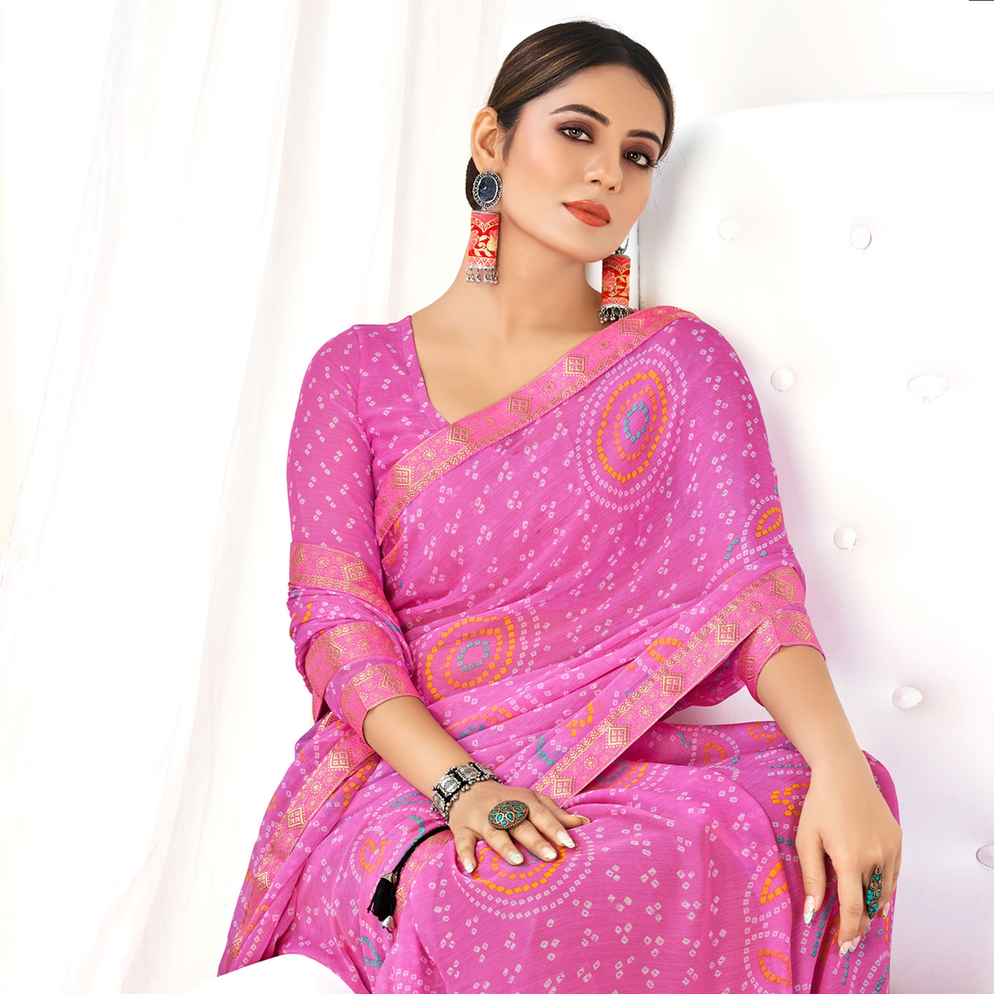 Pink Bandhani Printed Chiffon Saree