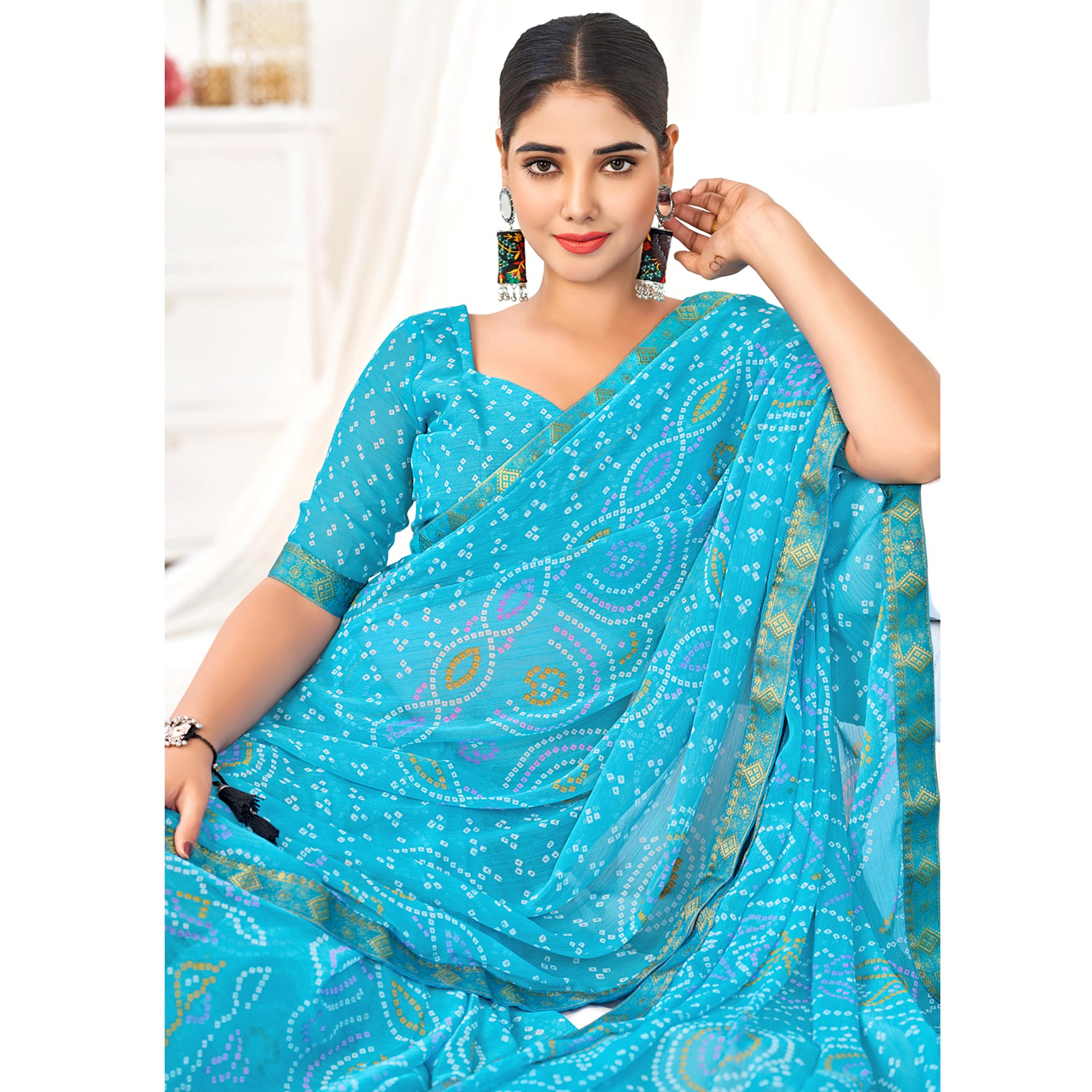 Blue Bandhani Printed Chiffon Saree
