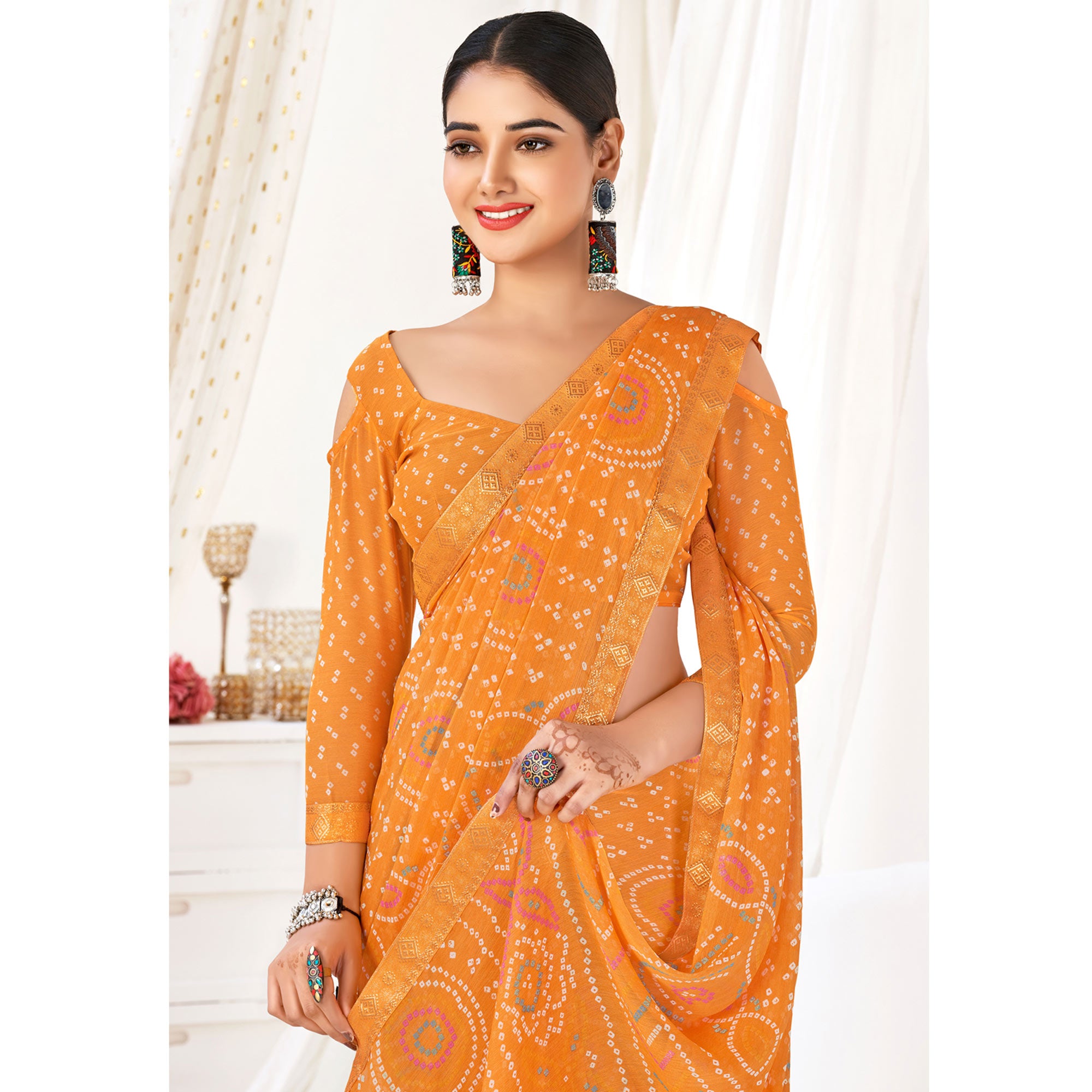 Orange Bandhani Printed Chiffon Saree