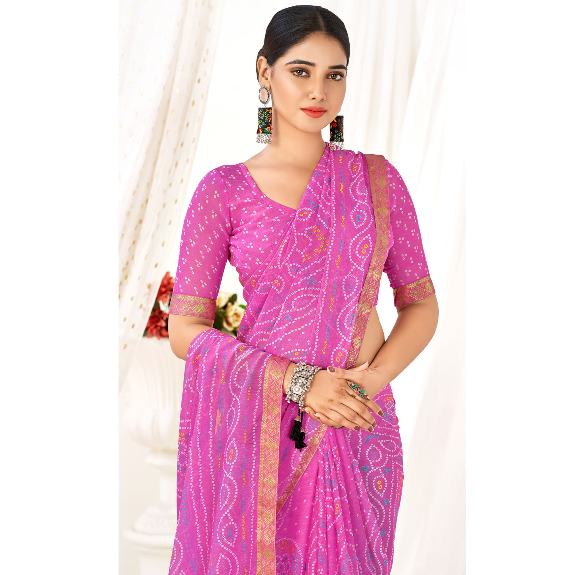 Pink Bandhani Printed Chiffon Saree