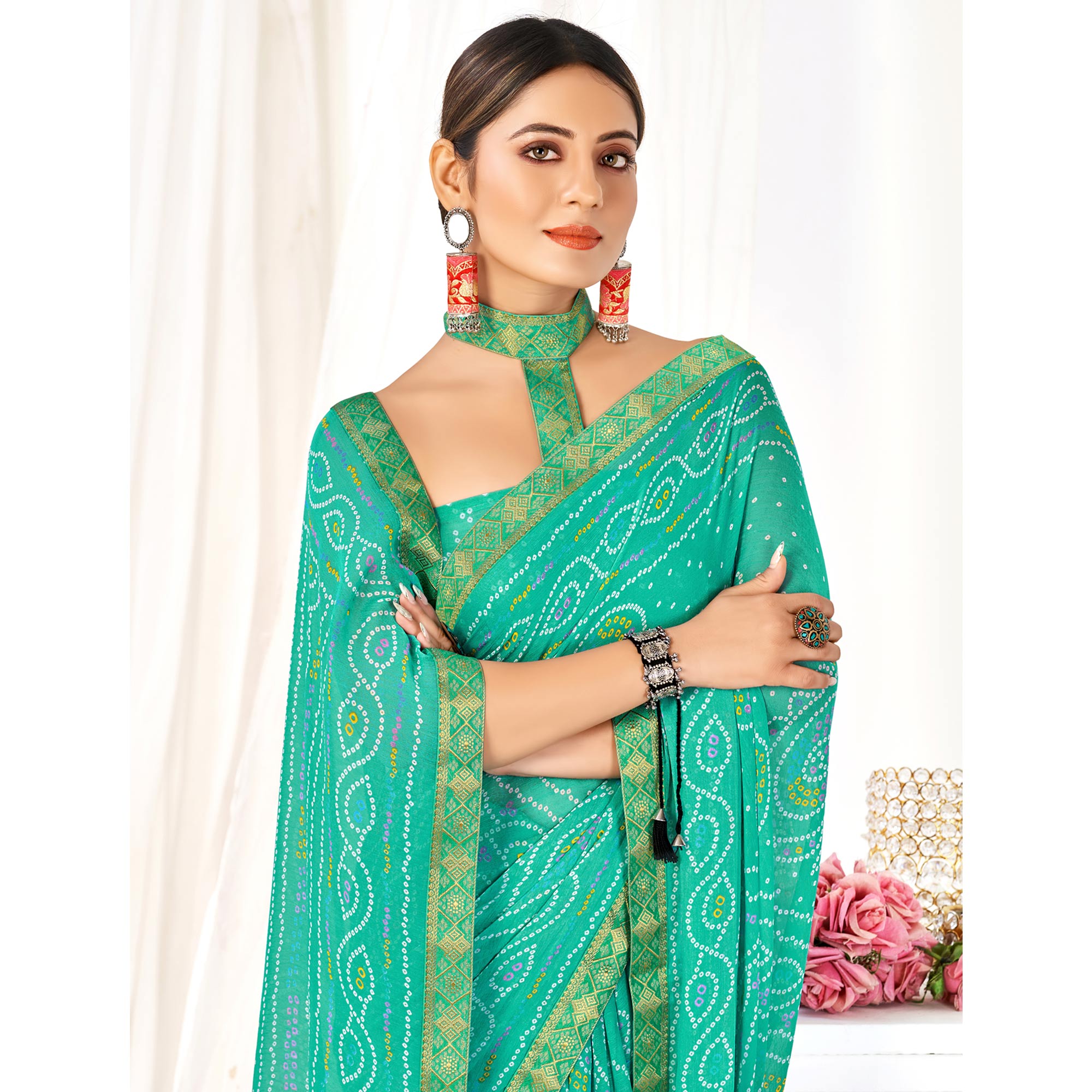 Turquoise Bandhani Printed Chiffon Saree