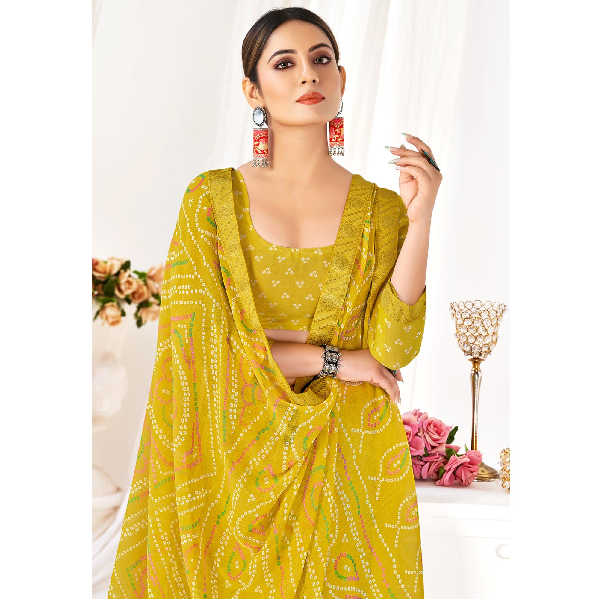 Lemon Yellow Bandhani Printed Chiffon Saree