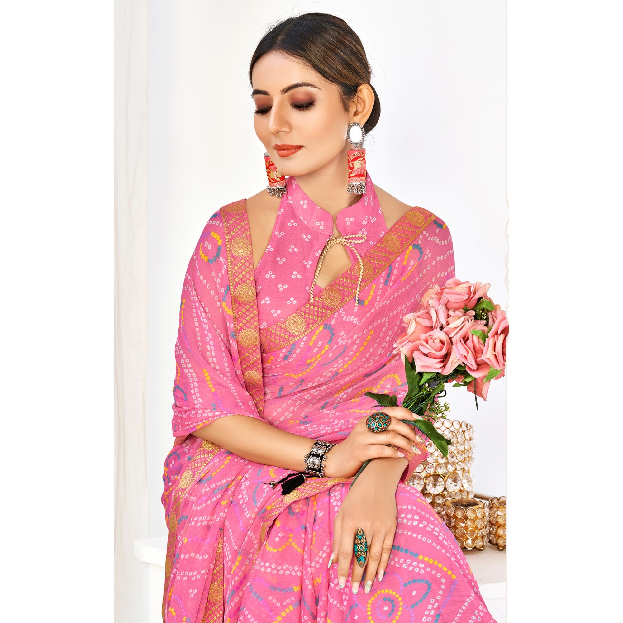 Pink Bandhani Printed Chiffon Saree