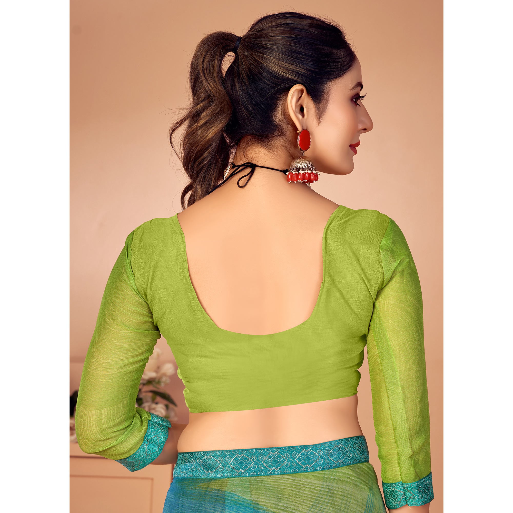 Green & Turquoise Printed Chiffon Saree With Lace Border