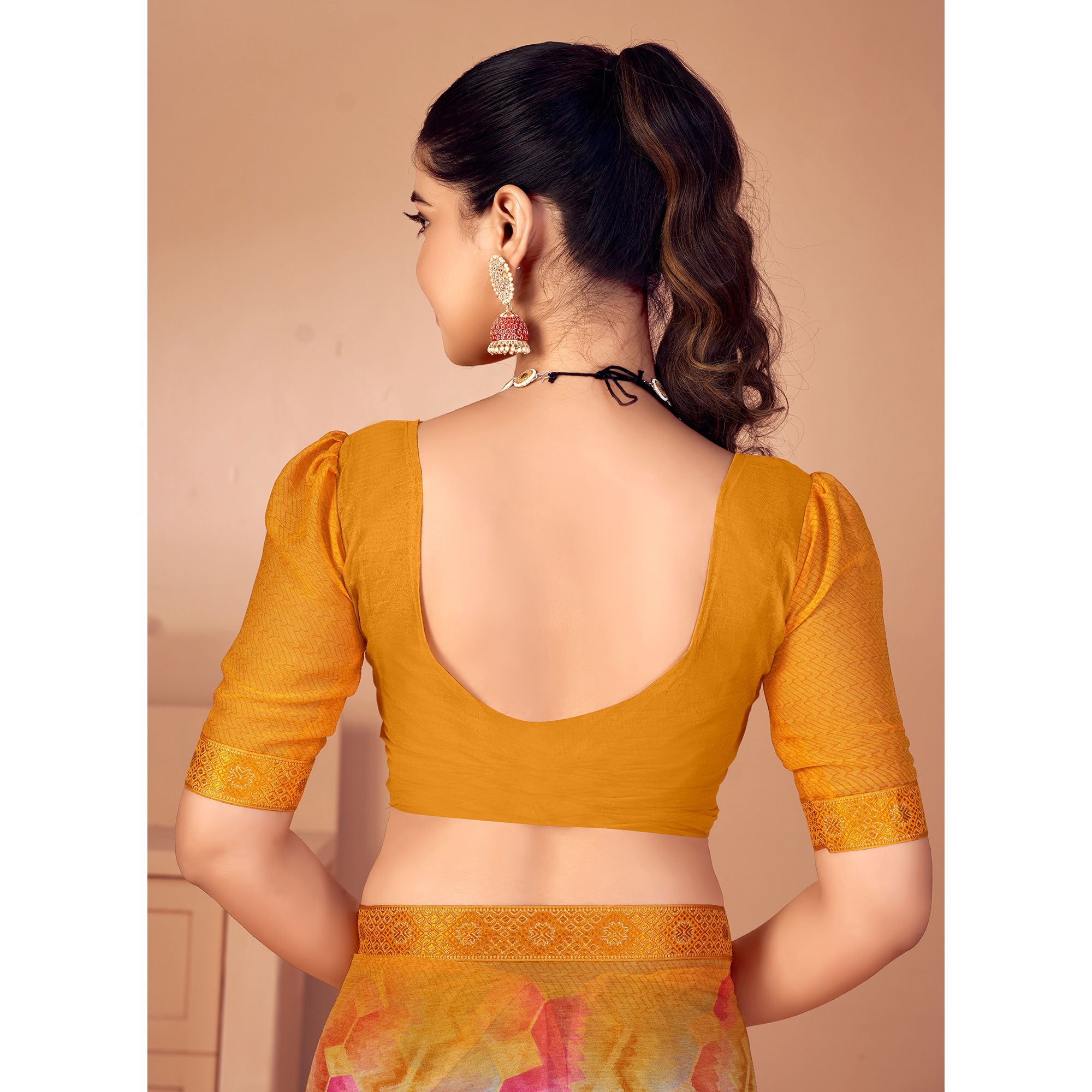 Mustard Printed Chiffon Saree With Lace Border