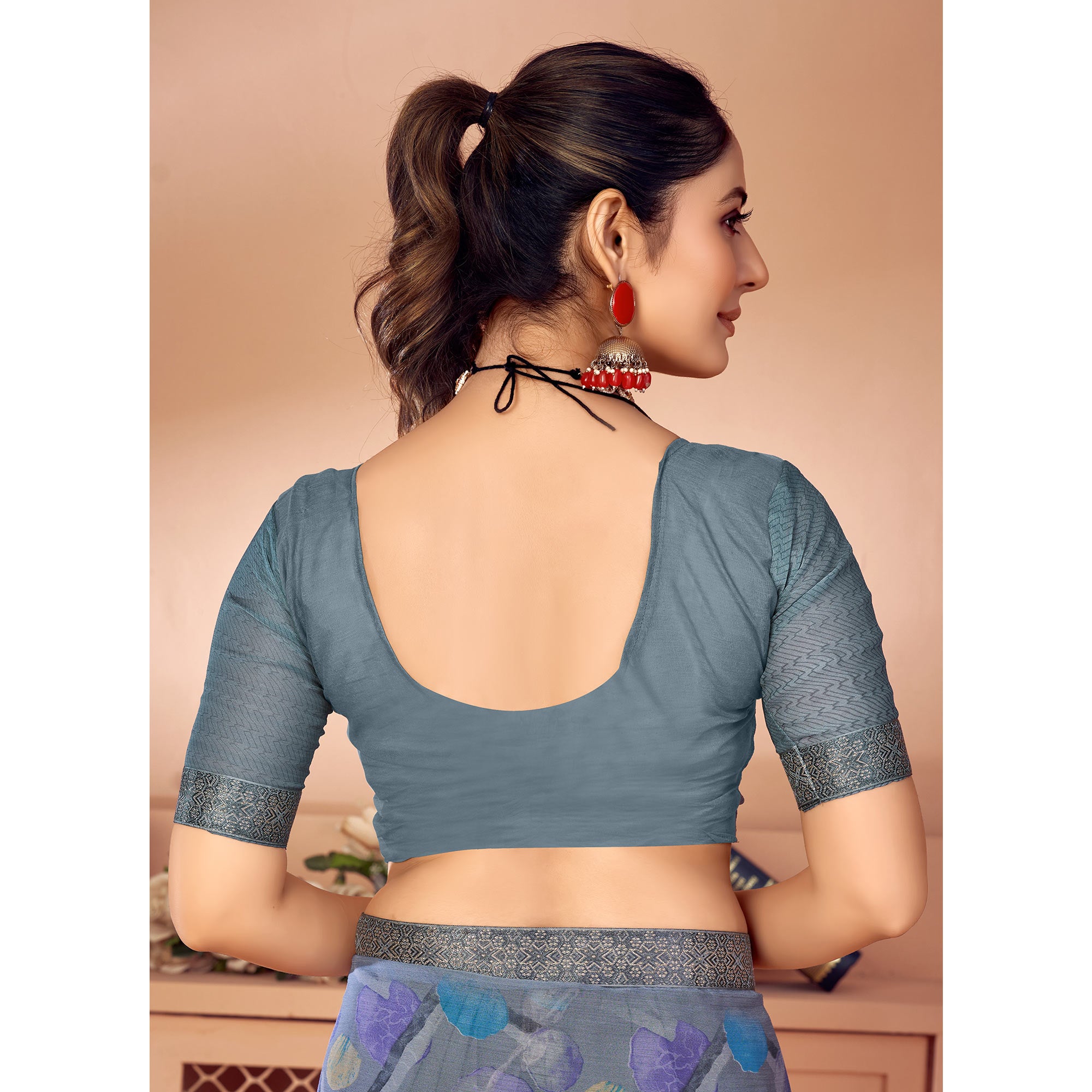 Grey Printed Chiffon Saree With Lace Border