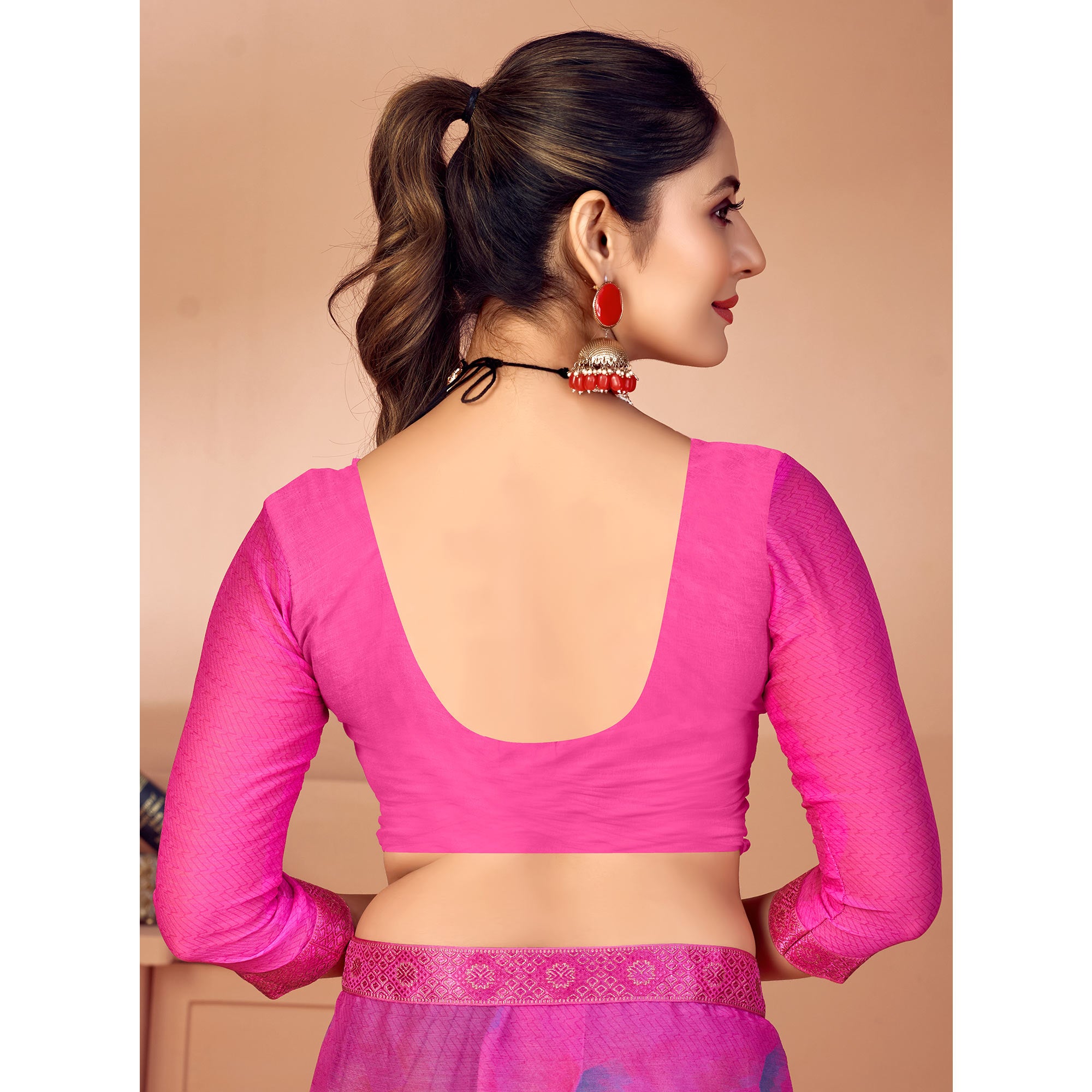 Magenta Printed Chiffon Saree With Lace Border