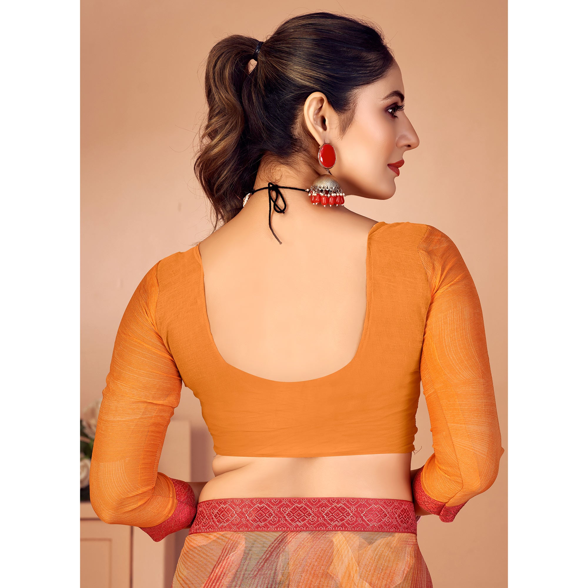 Orange Printed Chiffon Saree With Lace Border