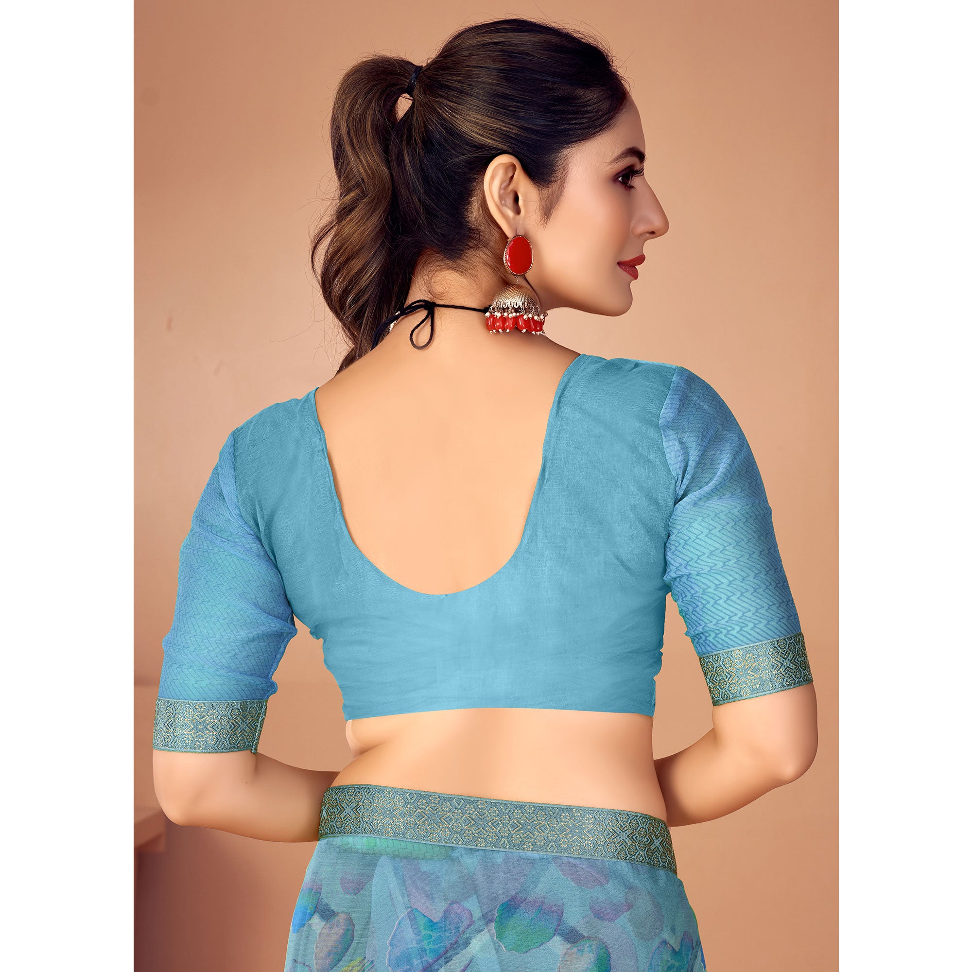 Blue Printed Chiffon Saree With Lace Border