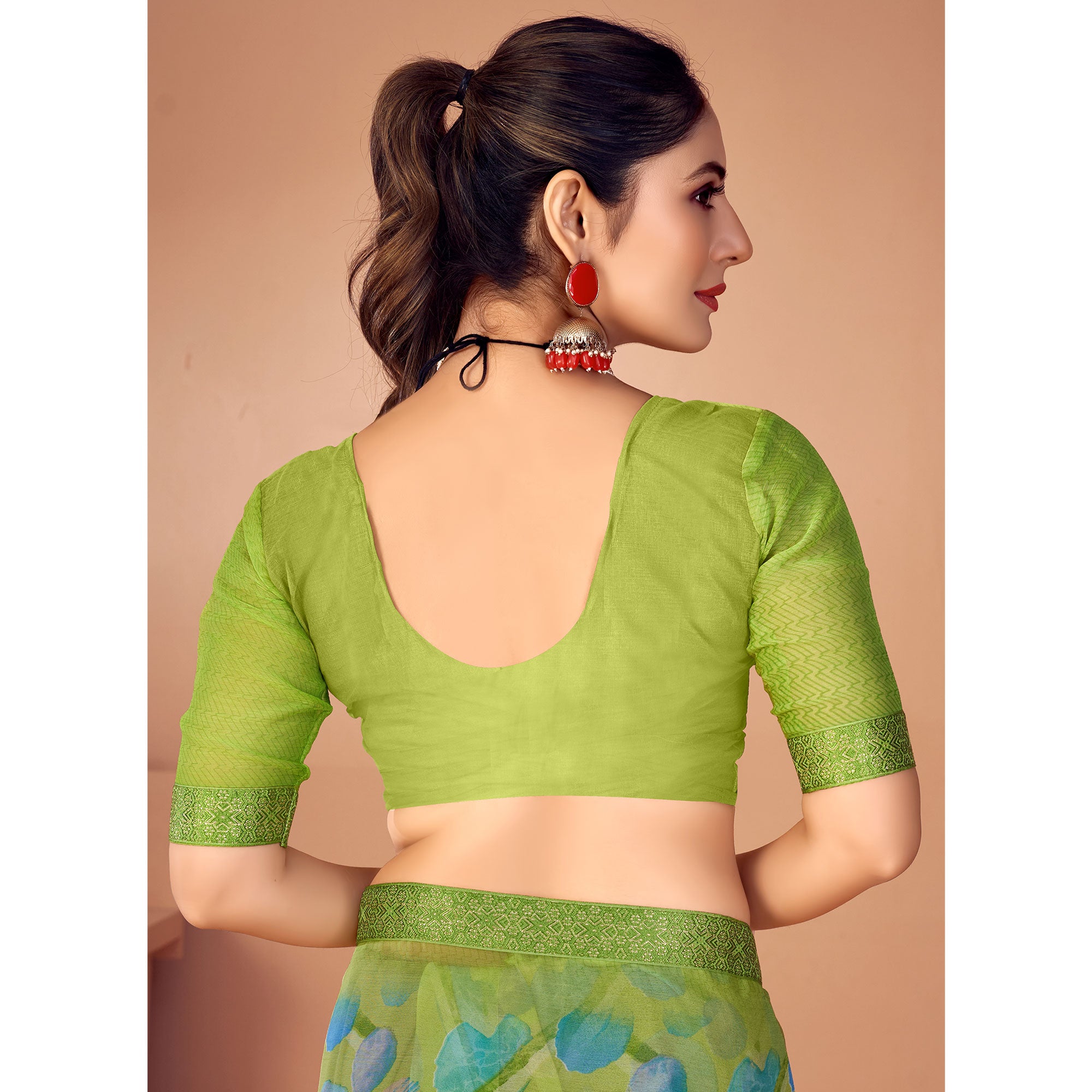 Green Printed Chiffon Saree With Lace Border
