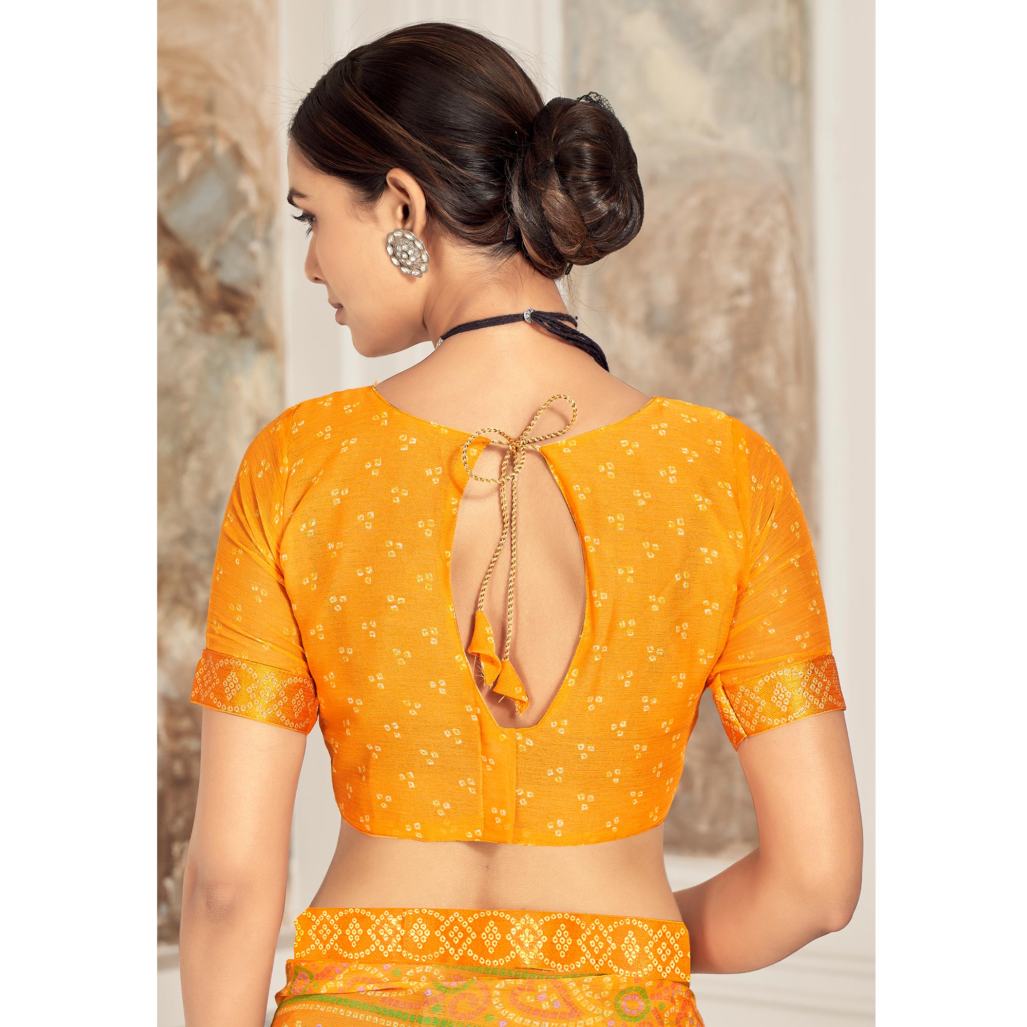 Mustard Bandhani Printed Chiffon Saree
