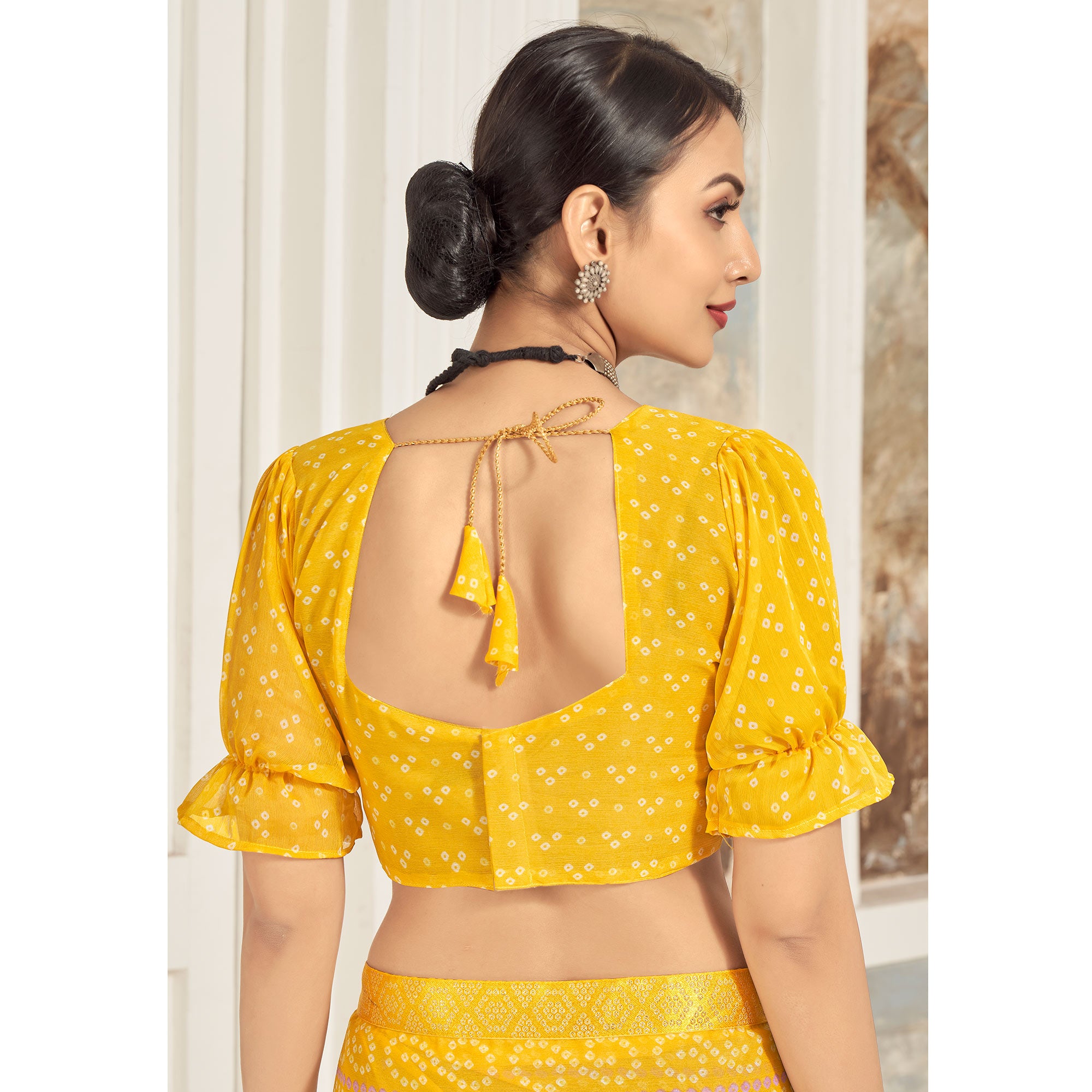 Yellow Bandhani Printed Chiffon Saree