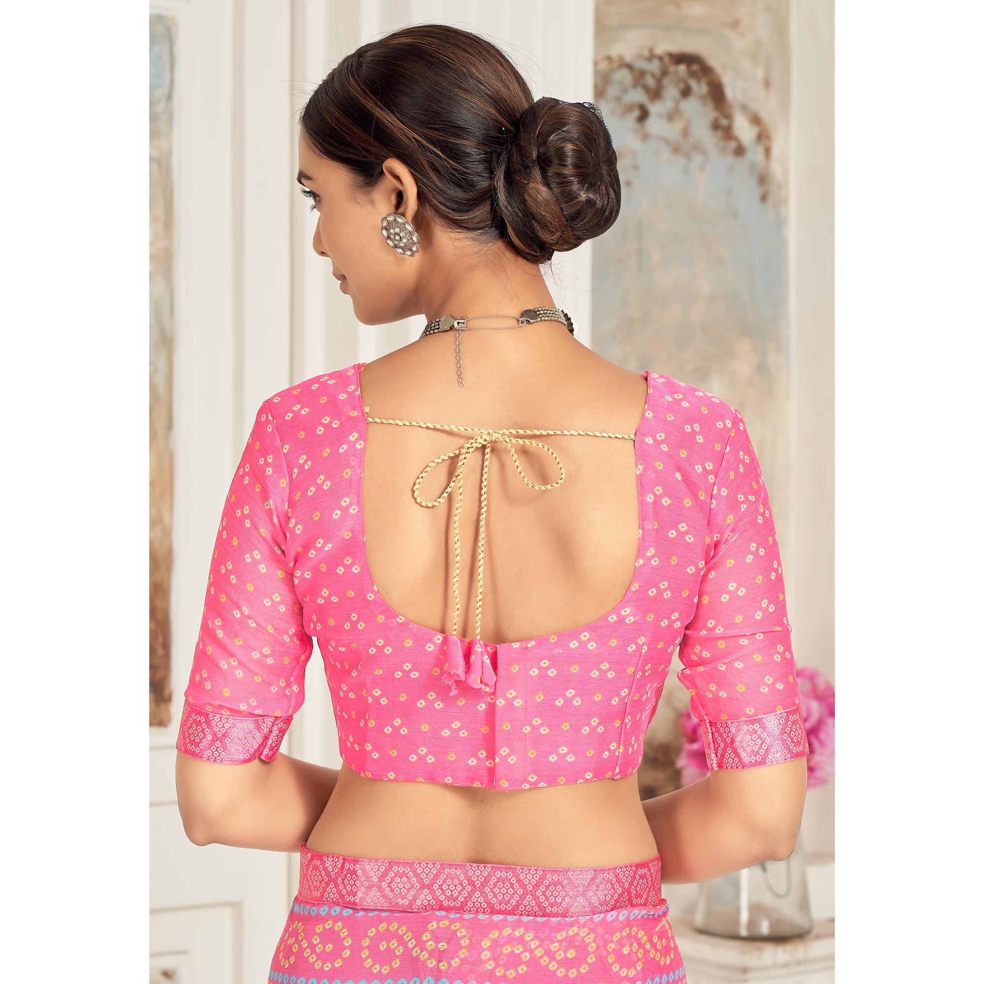Pink Bandhani Printed Chiffon Saree