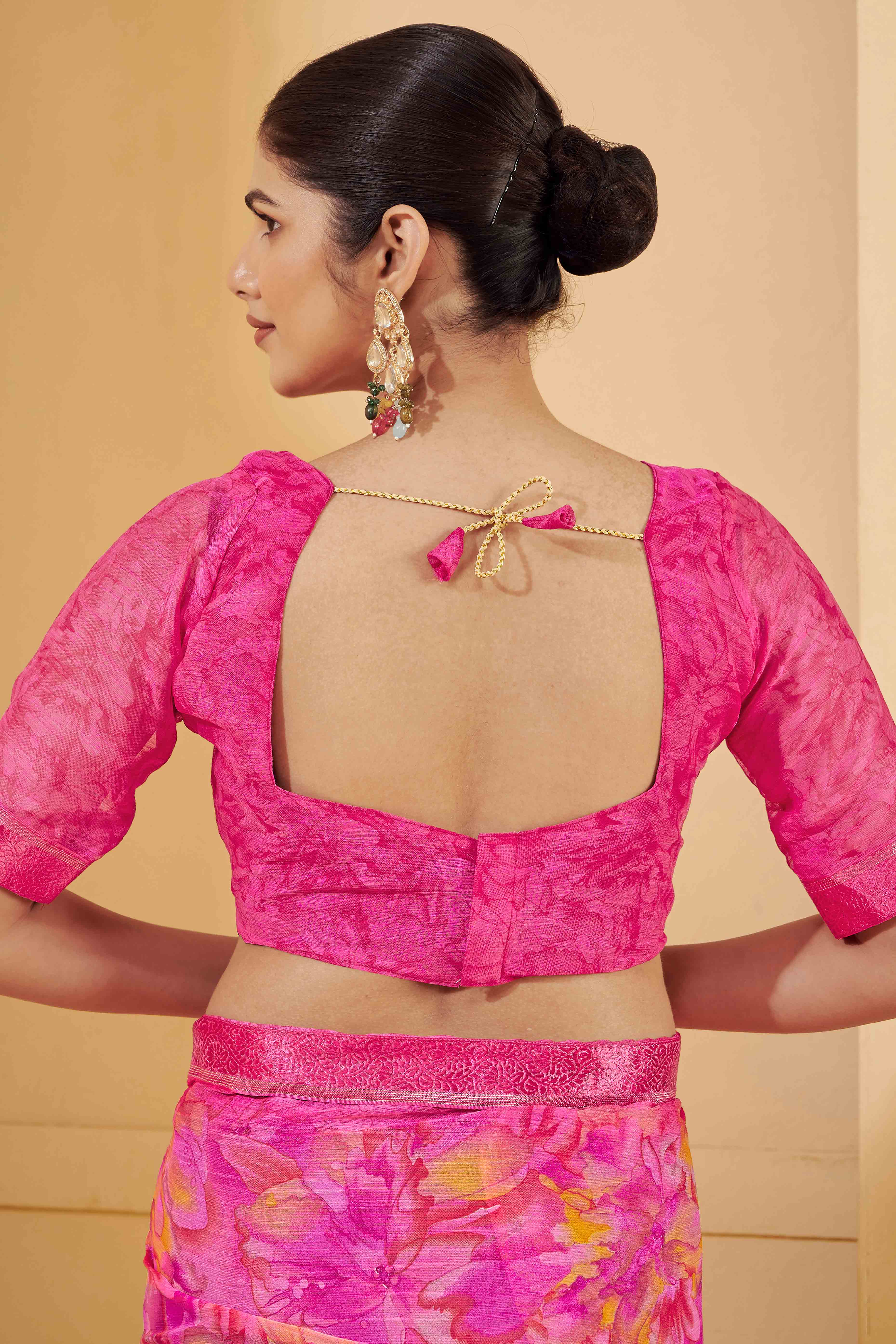 Rani Pink Chiffon Saree Adorned With Artistic Floral Print & Finely Crafted Woven Lace Border