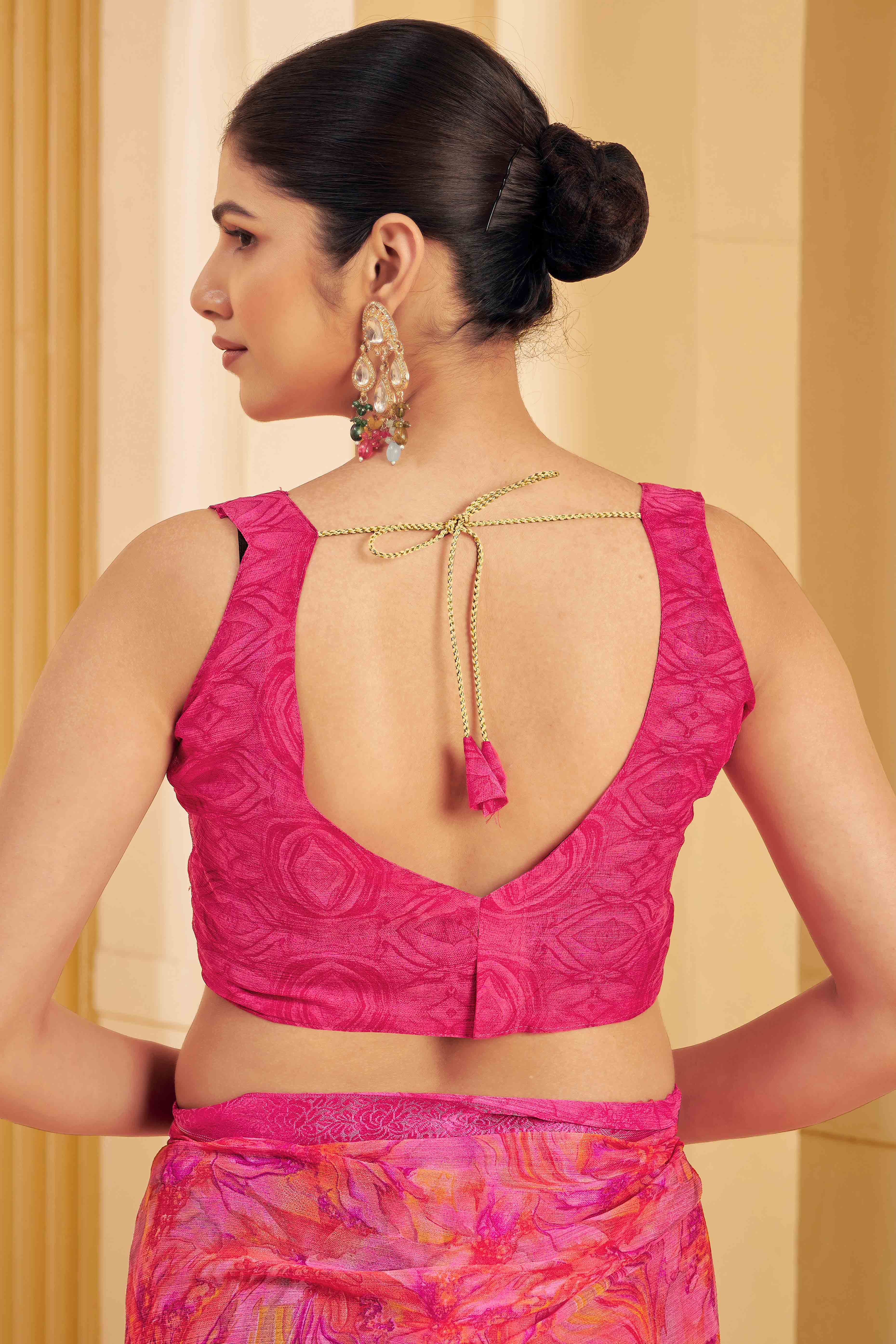 Magenta Chiffon Saree Adorned With Artistic Floral Print & Finely Crafted Woven Lace Border