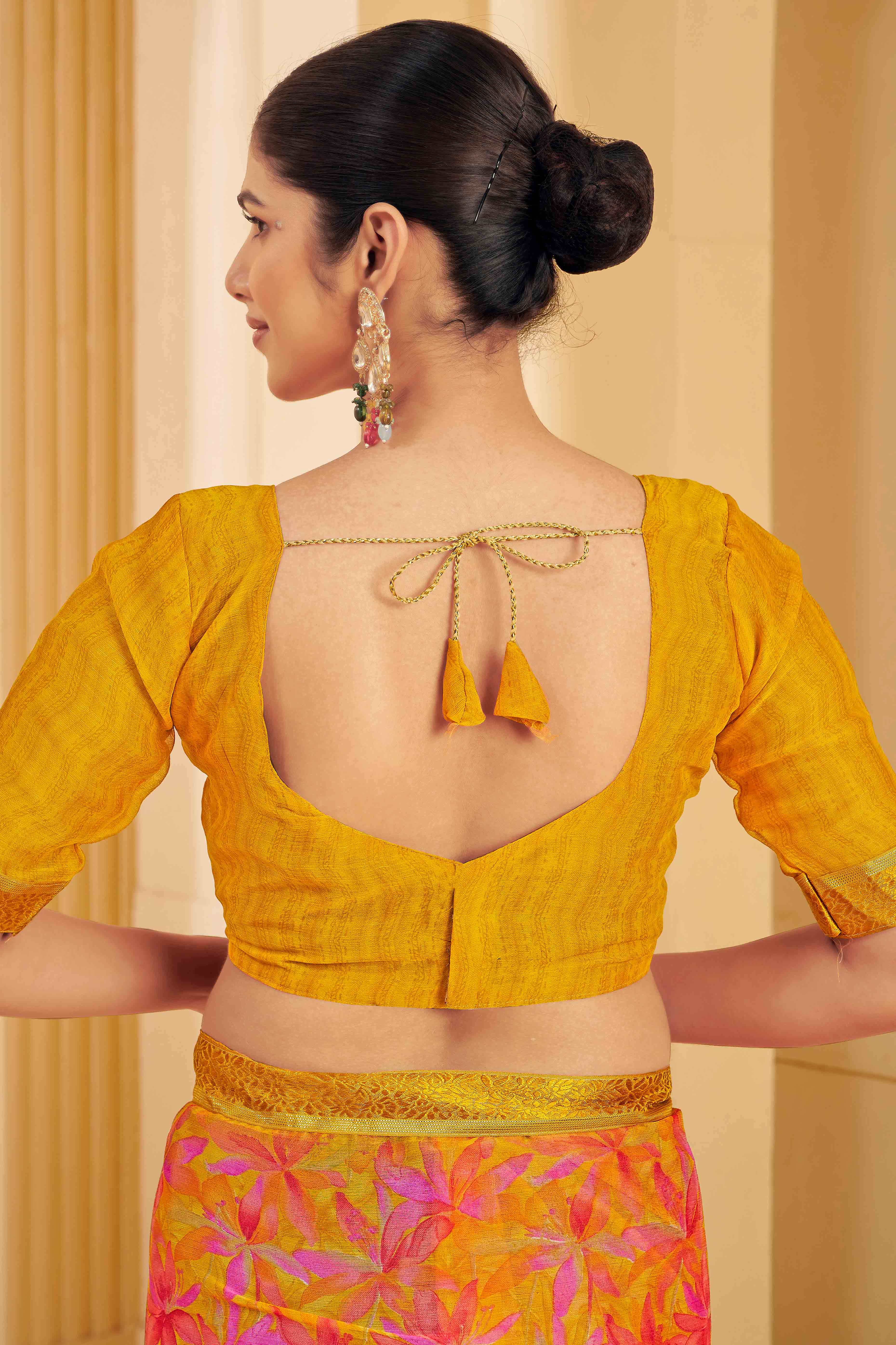 Mustard Chiffon Saree Adorned With Artistic Floral Print & Finely Crafted Woven Lace Border