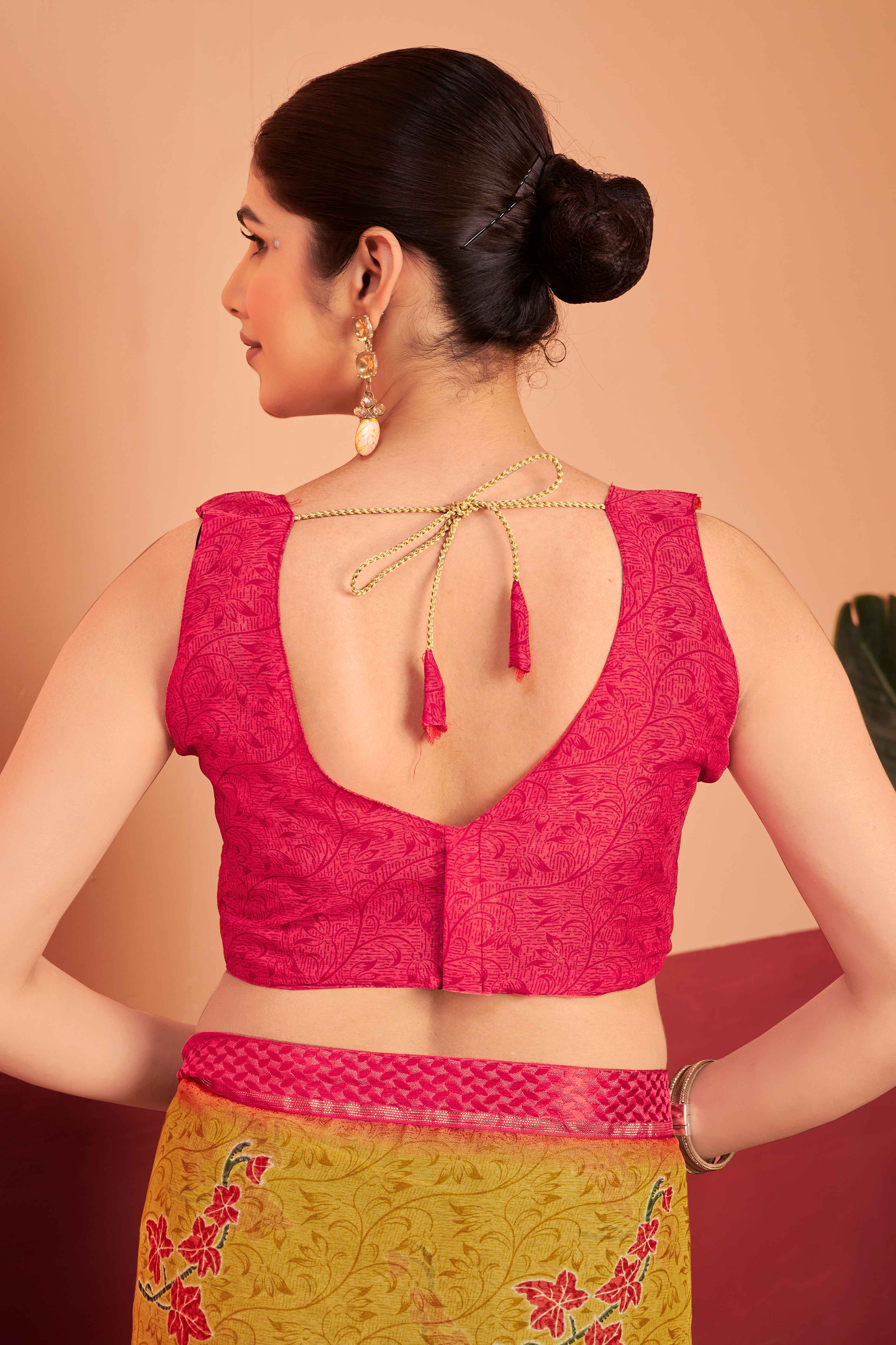 Mustard Chiffon Saree Featuring Delicate Floral Prints & A Graceful Lace Border