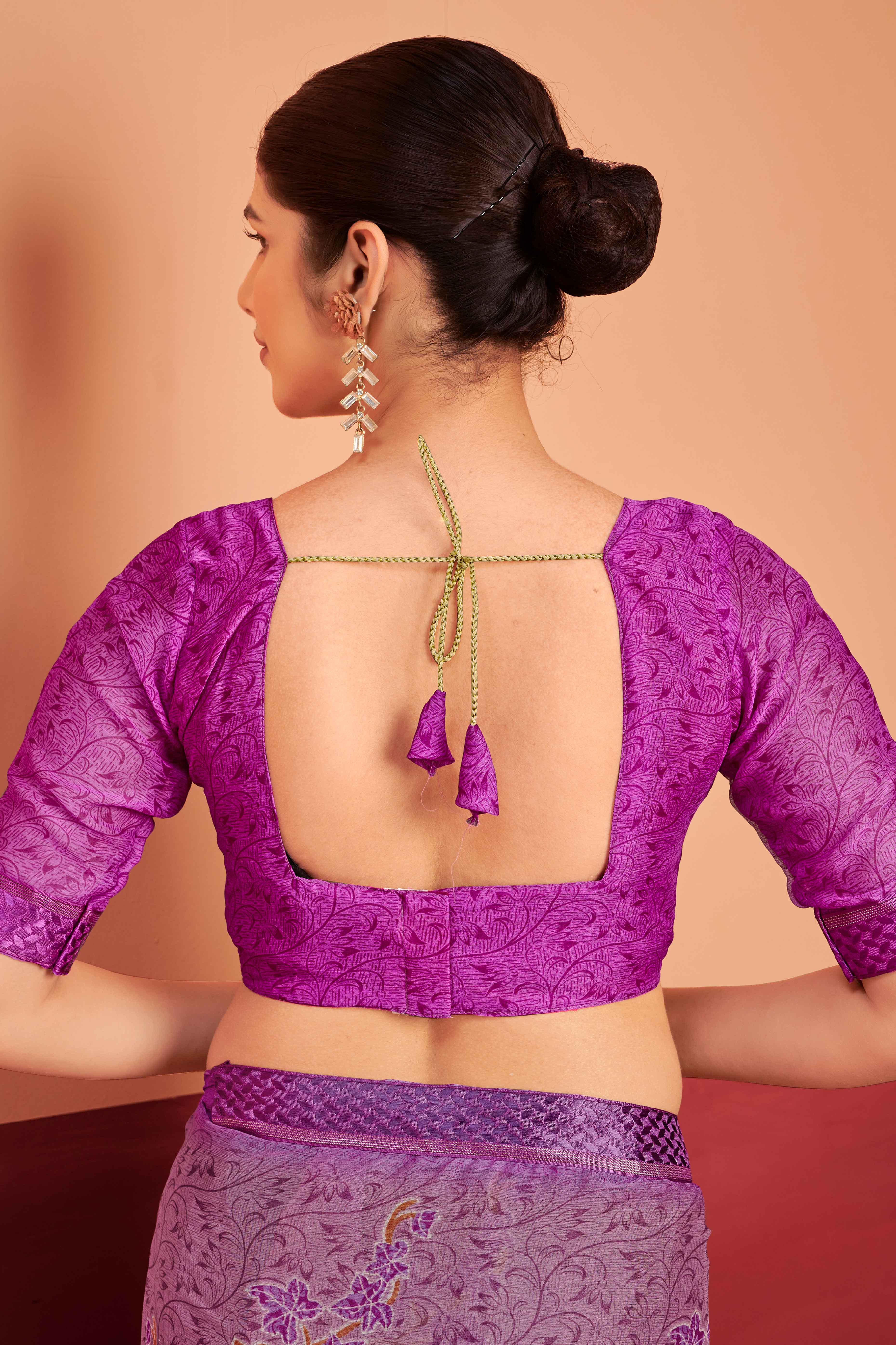 Purple Chiffon Saree Featuring Delicate Floral Prints & A Graceful Lace Border