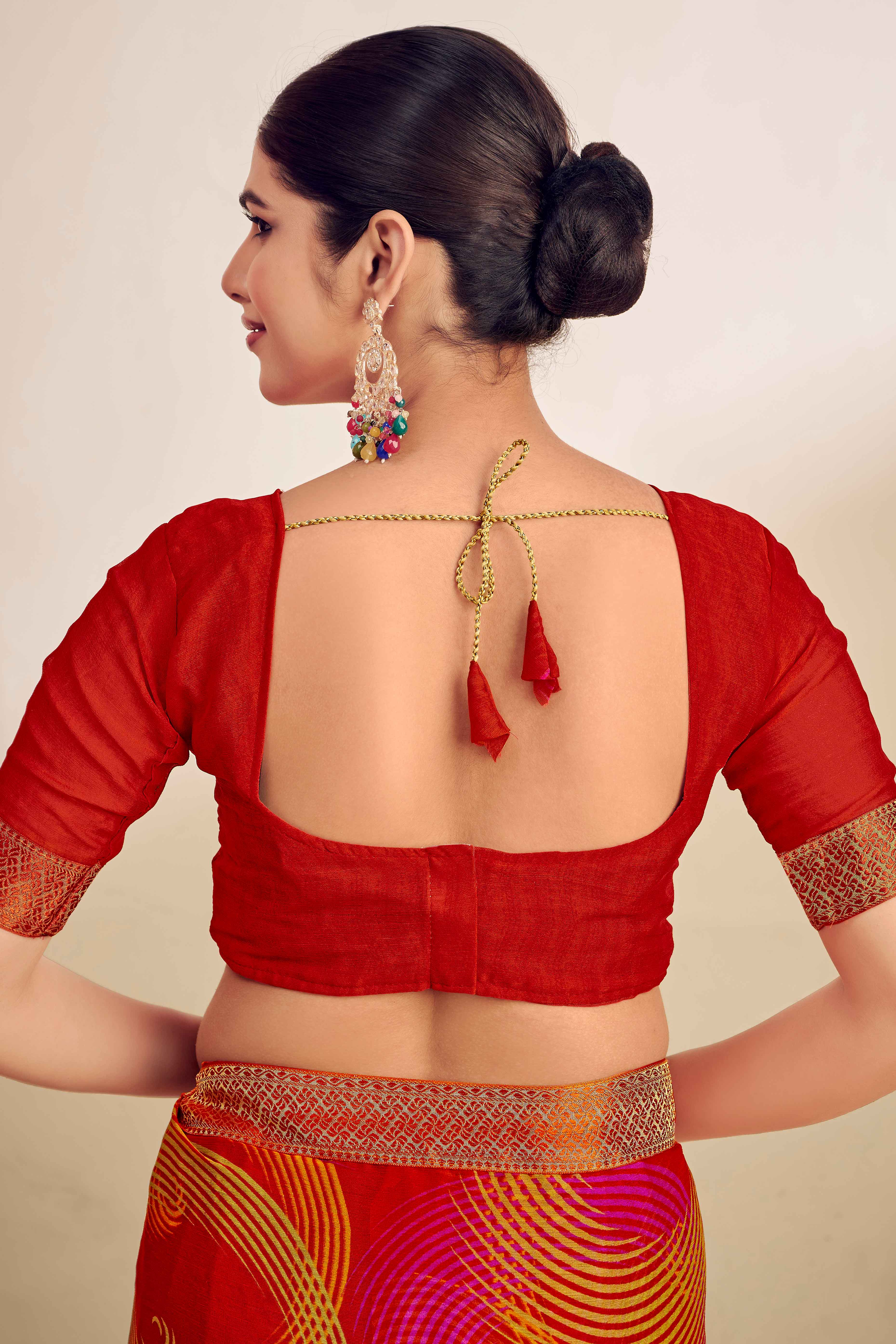 Red Chiffon Saree Adorned With Artistic Print & Finely Crafted Woven Lace Border