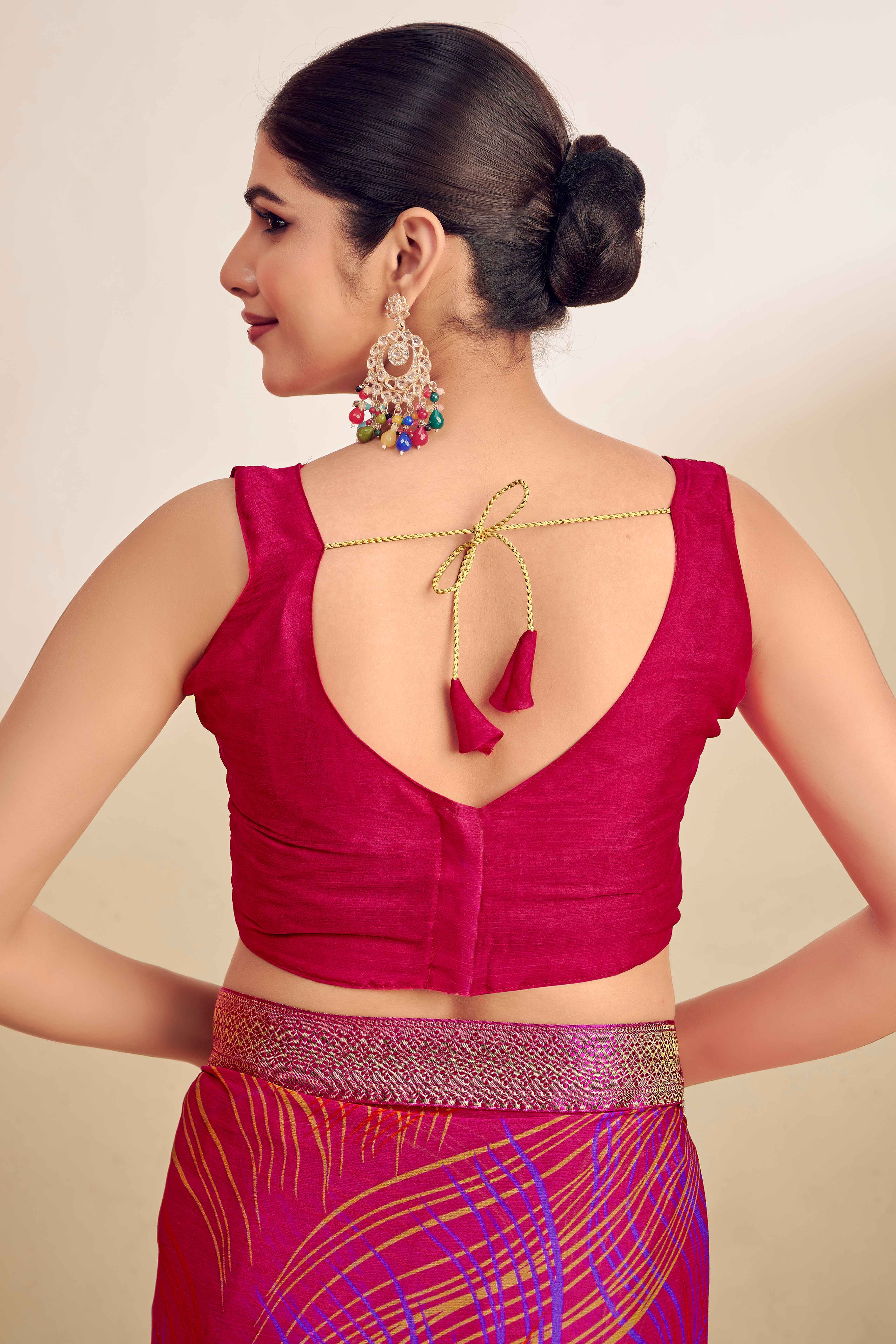 Magenta Chiffon Saree Adorned With Artistic Print & Finely Crafted Woven Lace Border