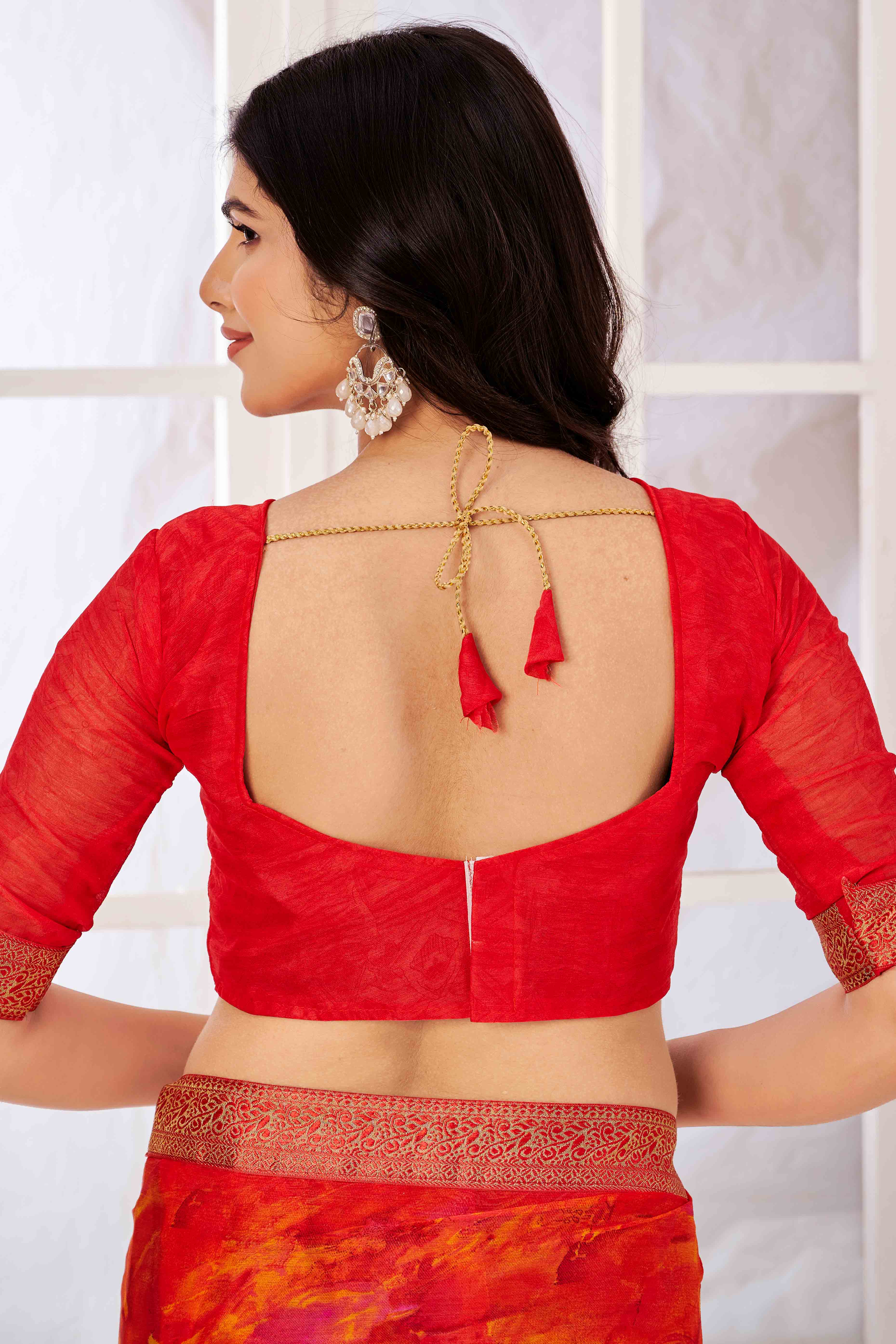 Orange Chiffon Saree with Tie-Dye Abstract Print & Lace Work With Lace Work