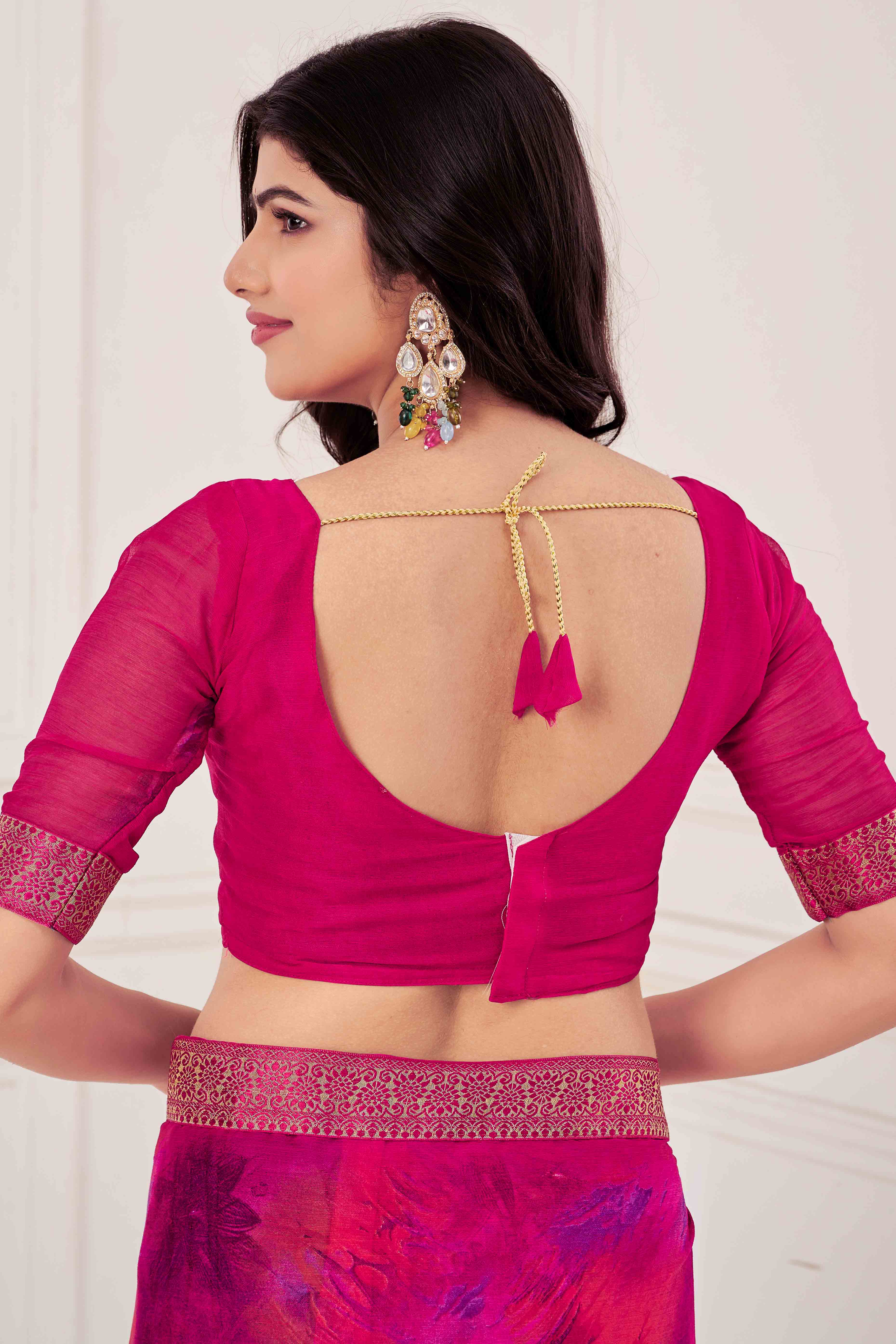 Magenta Chiffon Saree with Tie-Dye Abstract Print & Lace Work With Lace Work