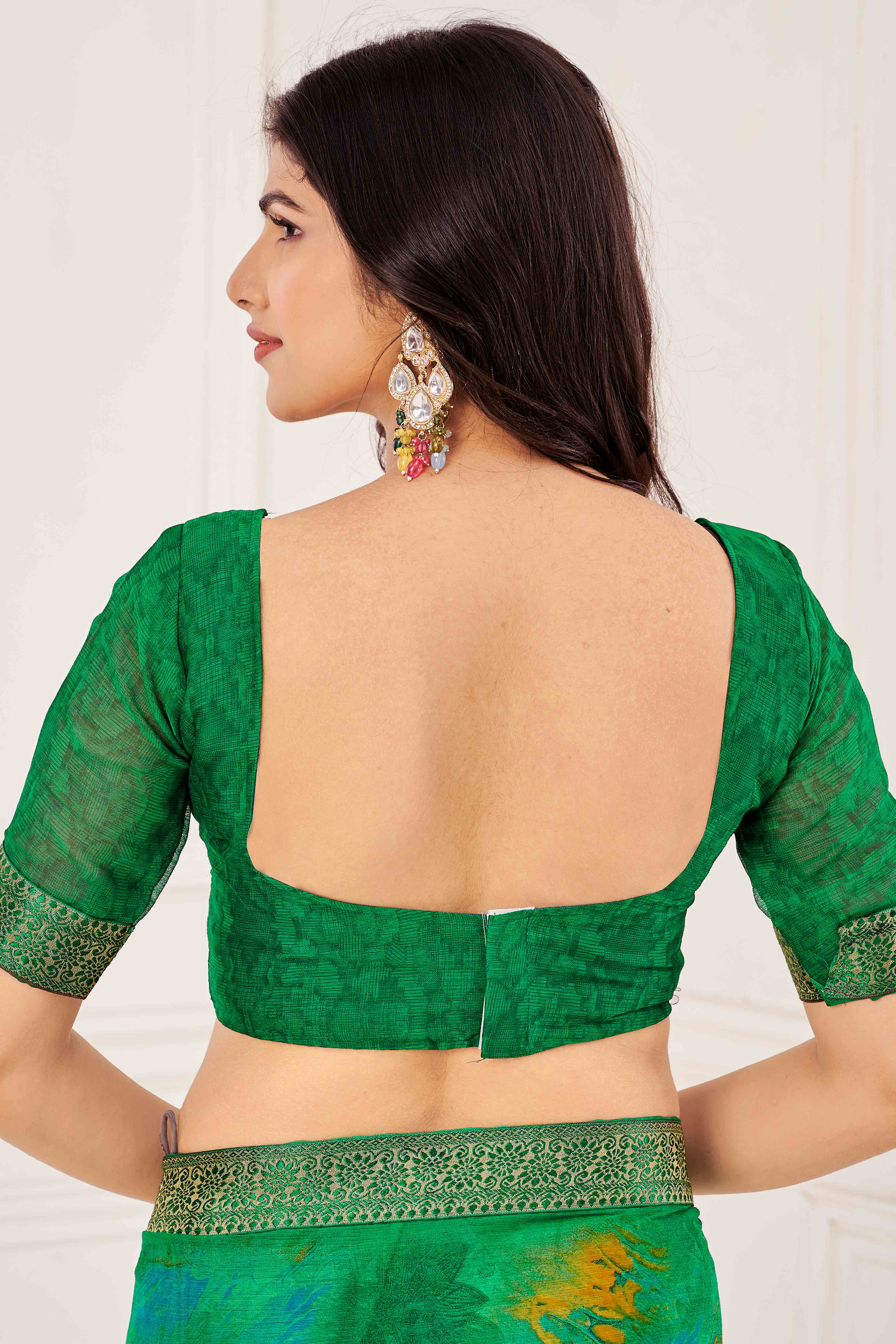 Green Chiffon Saree with Tie-Dye Abstract Print & Lace Work With Lace Work